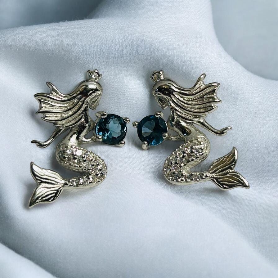 Mermaid Earrings With CZ - 925 Silver With Blue Topaz Gemstones - Supplied In Gift Box