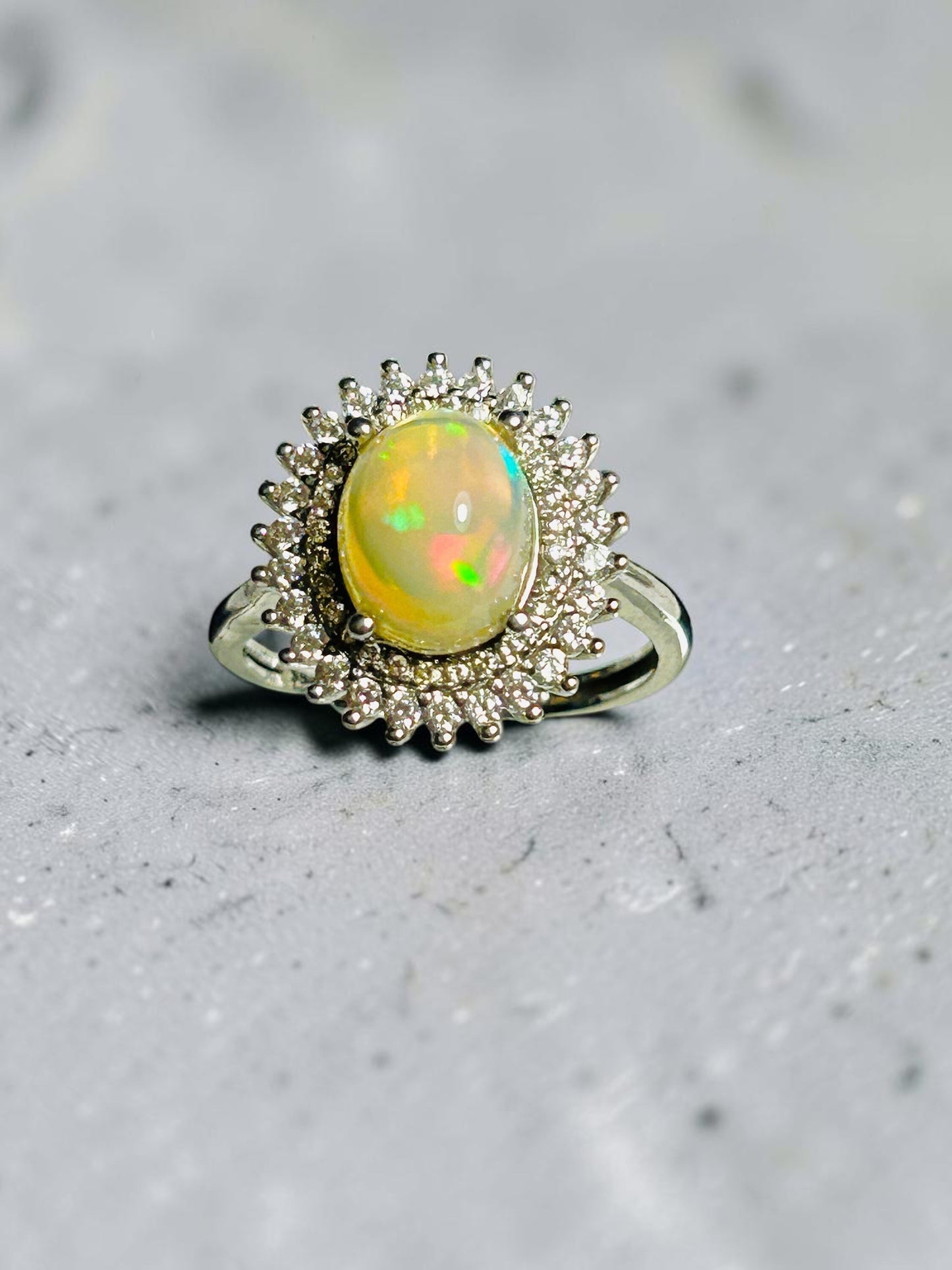 Stunning Rainbow Opal Ring with CZ Surround • 925 Sterling Silver • Adjustable • Gift Box