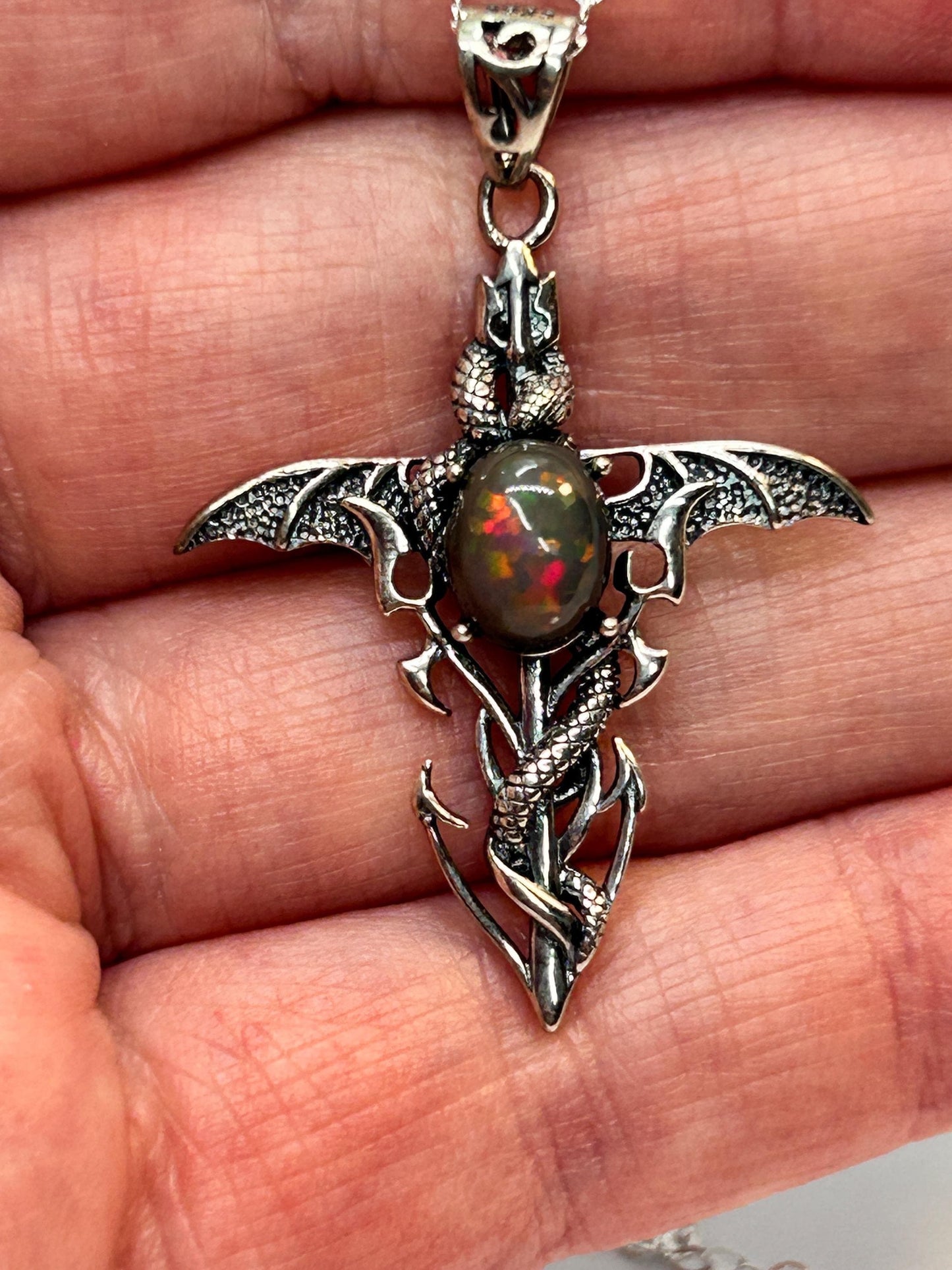 Dragon Cross Pendant with Black Opal Gemstone • 925 Sterling Silver • Gift box
