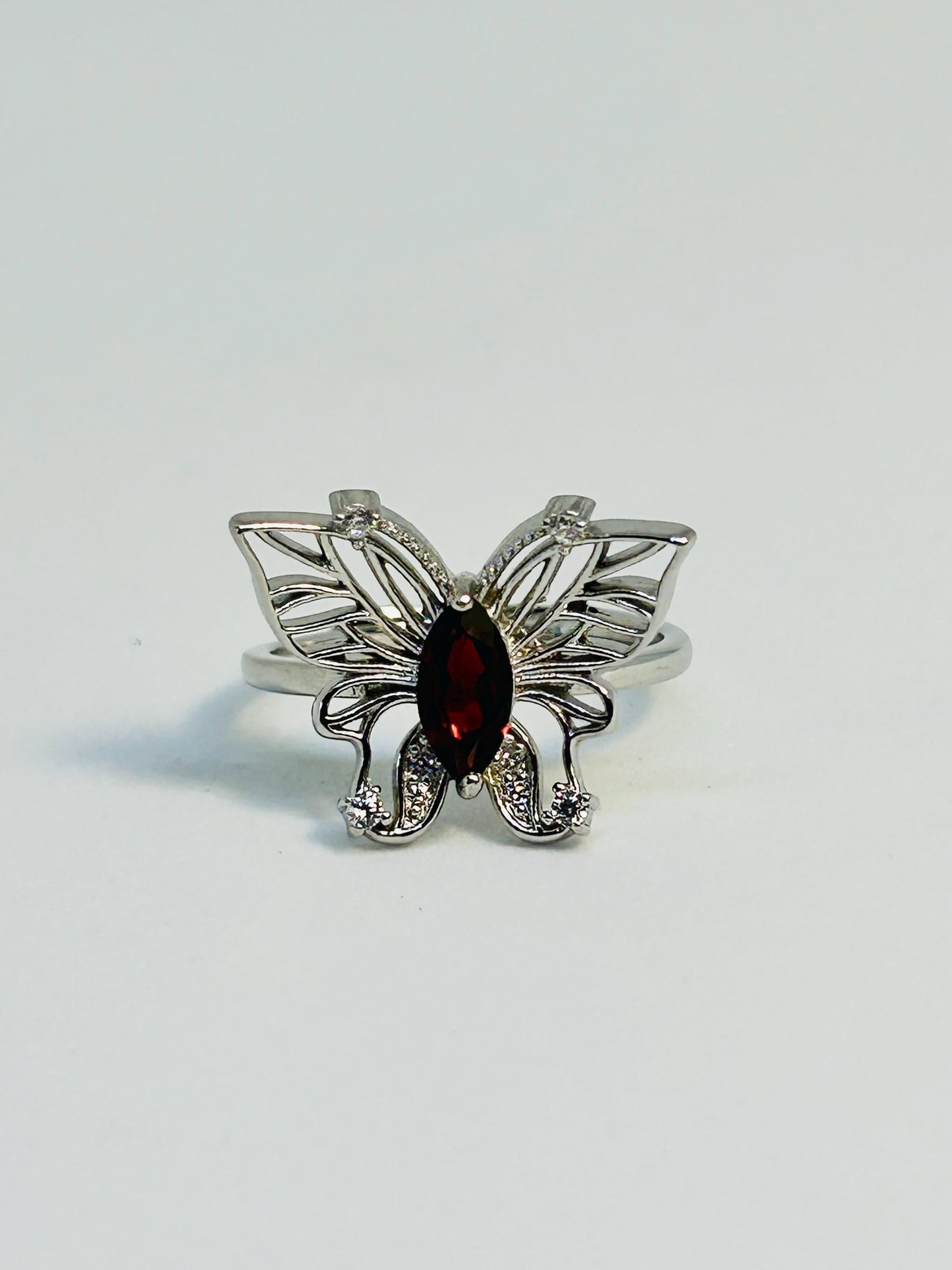 Ornate Butterfly Ring with Faceted Garnet Gemstone & CZ Accents • 925 Sterling Silver • Adjustable • Gift-box