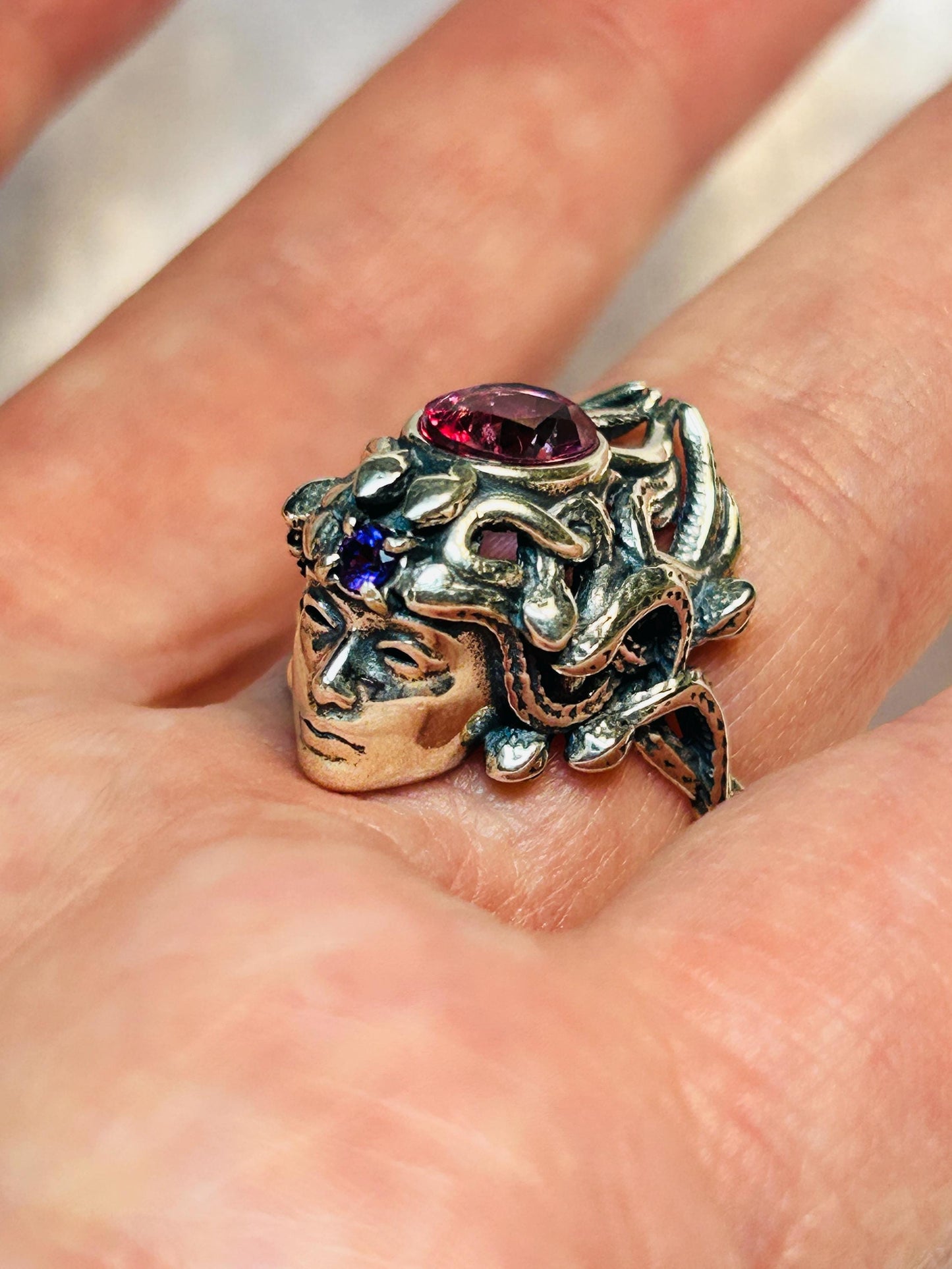 Mythical Medusa Ring with Pink Topaz & Amethyst Gemstones • 925 Sterling Silver • Adjustable • Gift box