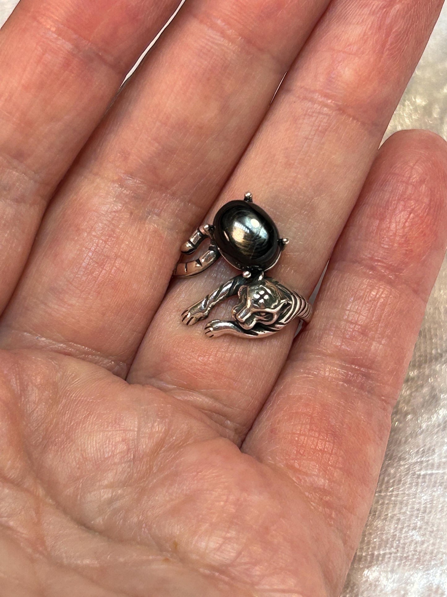 Chunky Tiger Ring with Hypersthene Gemstone • 925 Sterling Silver • Adjustable • Gift Box