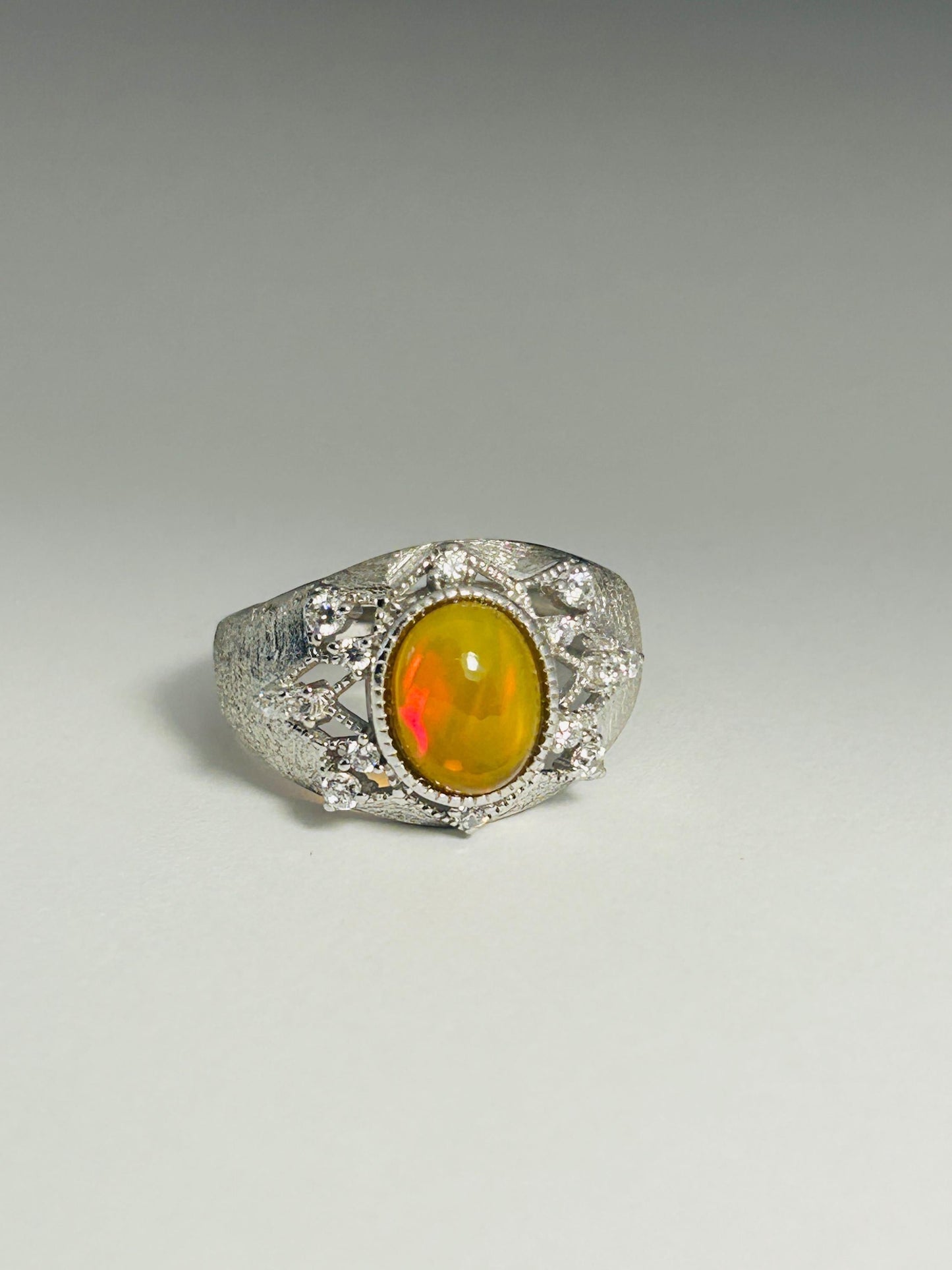 Men’s Chunky Gemstone Ring with Orange Opal Gemstone & CZ Accents • 925 Sterling Silver • Adjustable • Gift Box