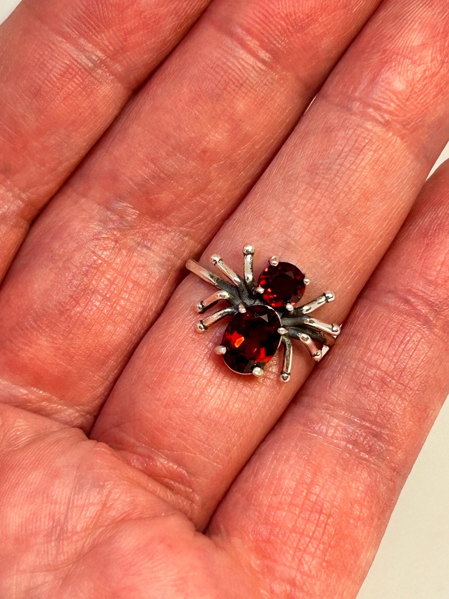 Spider Ring with Red Garnet Gemstones • 925 Sterling Silver • Adjustable • Gift Box