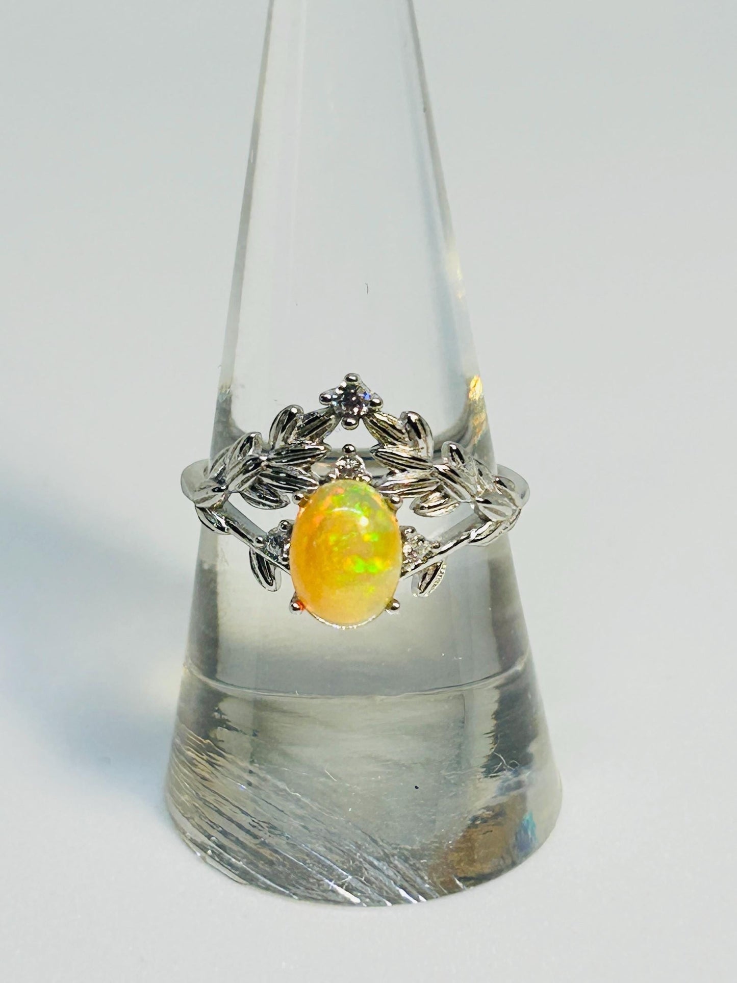 Leaf Ring with Opal Gemstone & CZ Accents • 925 Sterling Silver • Adjustable • Gift Box