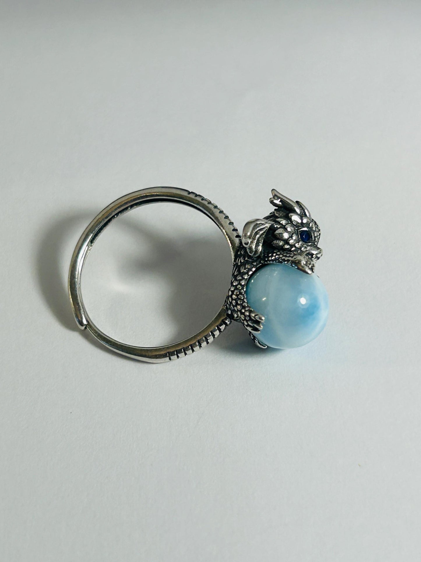 925 Silver Larimar Dragon Ring • Adjustable • Giftbox