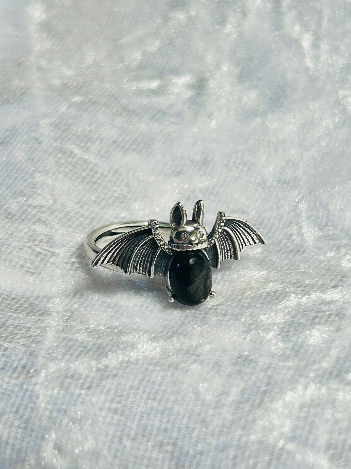 Bat Ring with Hypersthene Gemstone • 925 Sterling Silver • Adjustable • Gift box