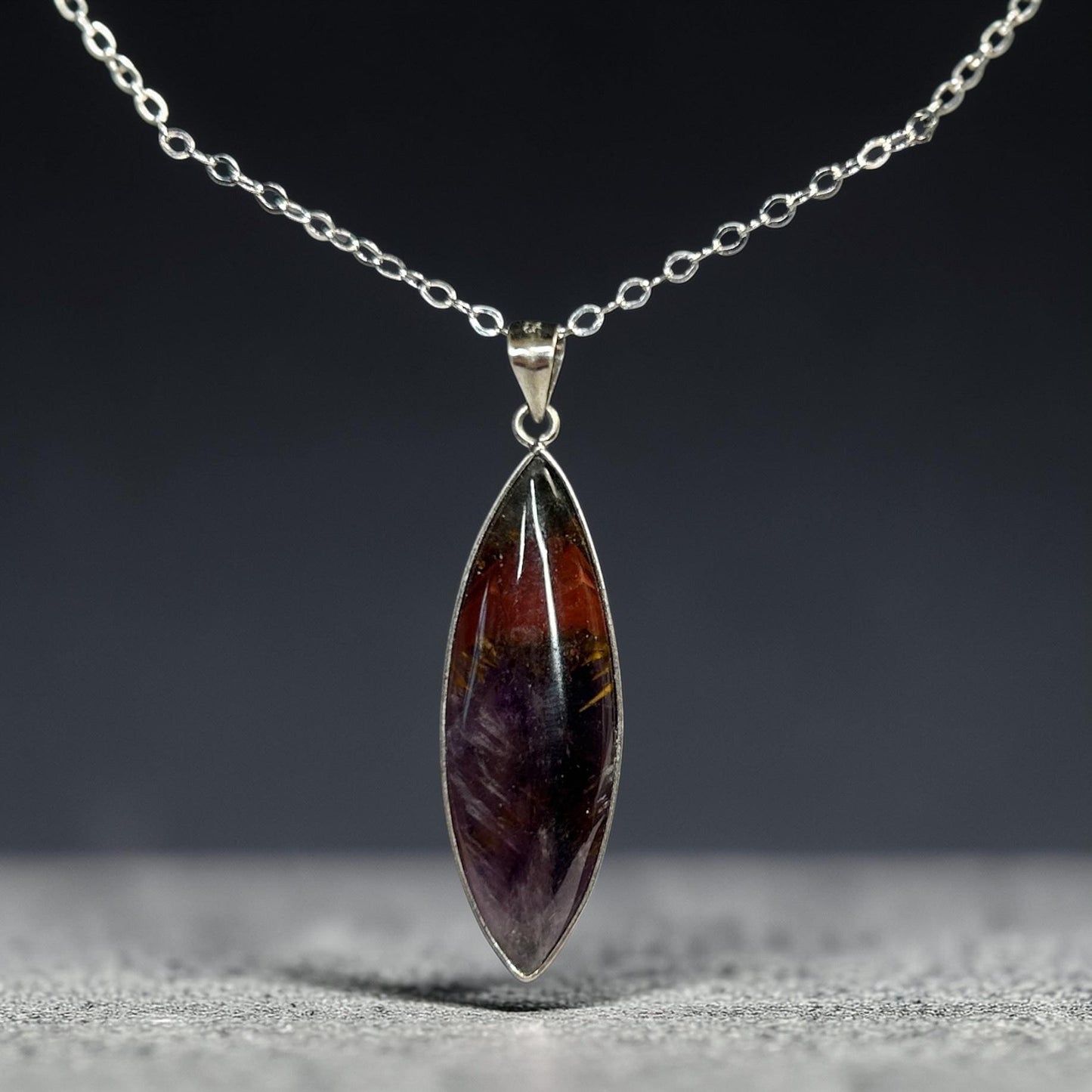 925 Silver Cacoxenite Amethyst Pendant • Marquise Cut • With Gift box