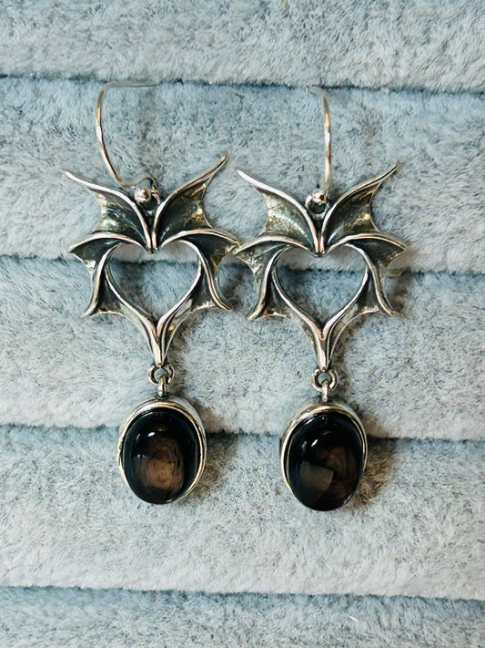 Pair Bat Earrings With Hypersthene Gemstone - 925 Silver Dangle Earrings - Giftboxed