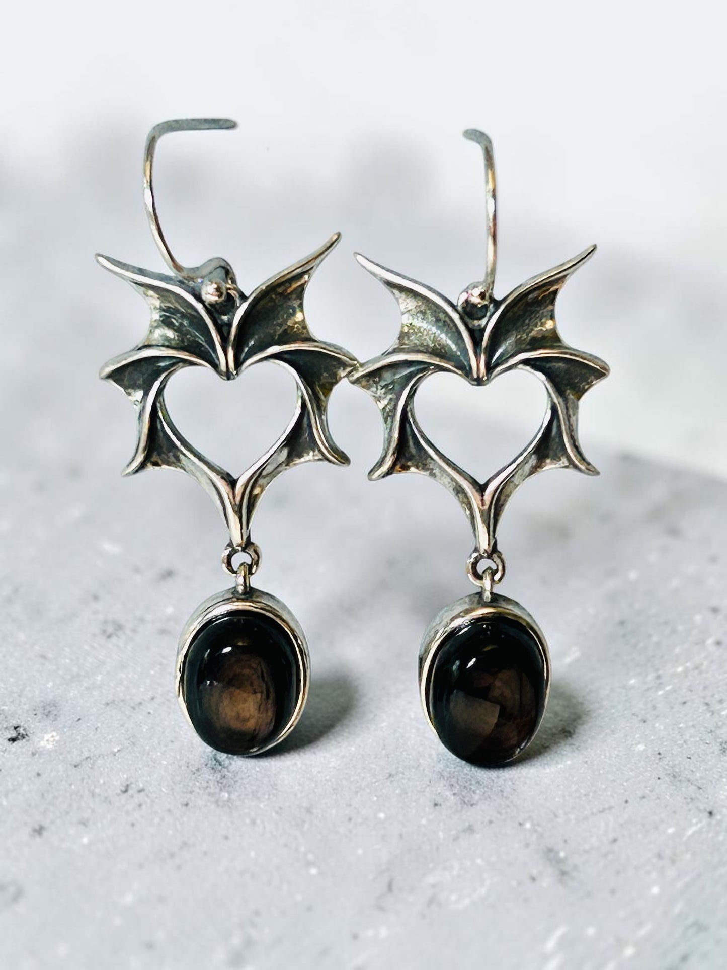 Gothic Bat Wing Dropper Earrings with Hypersthene Gemstone • 925 Sterling Silver • Gift Box
