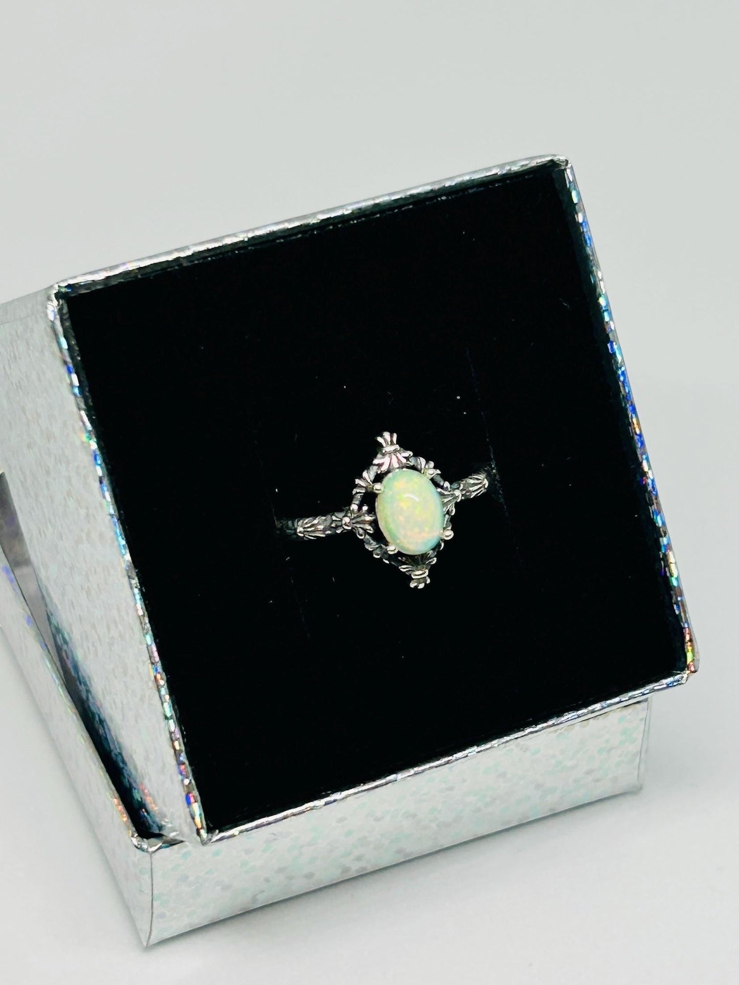 Fleur De Lys Ring with Opal Gemstone • 925 Sterling Silver • Adjustable • Gift Box