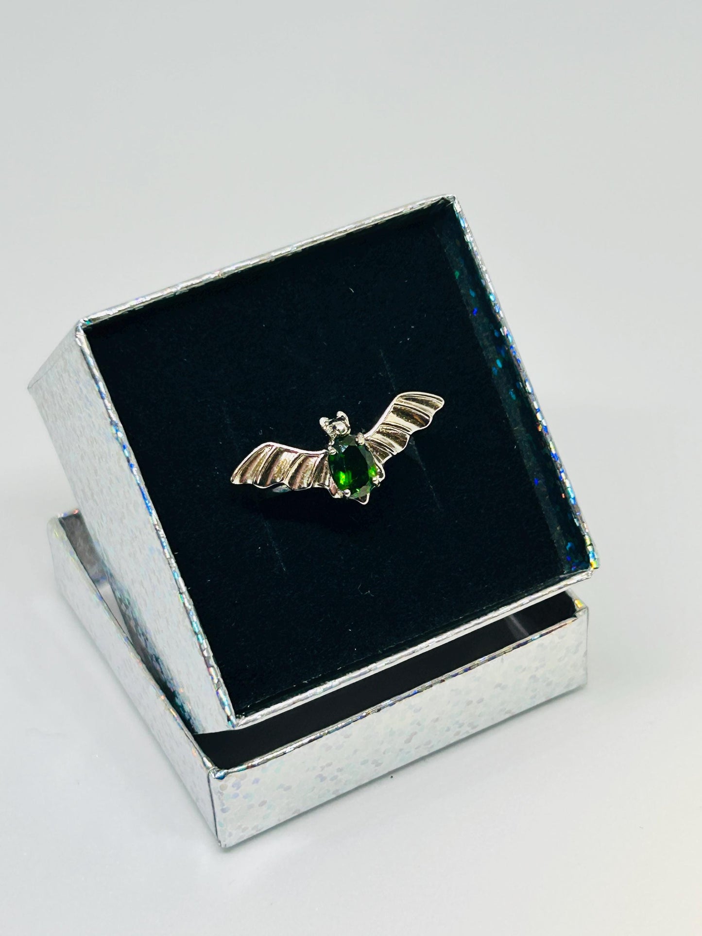 Sterling Silver Bat Ring: Faceted Diopside Gemstone, Adjustable Band