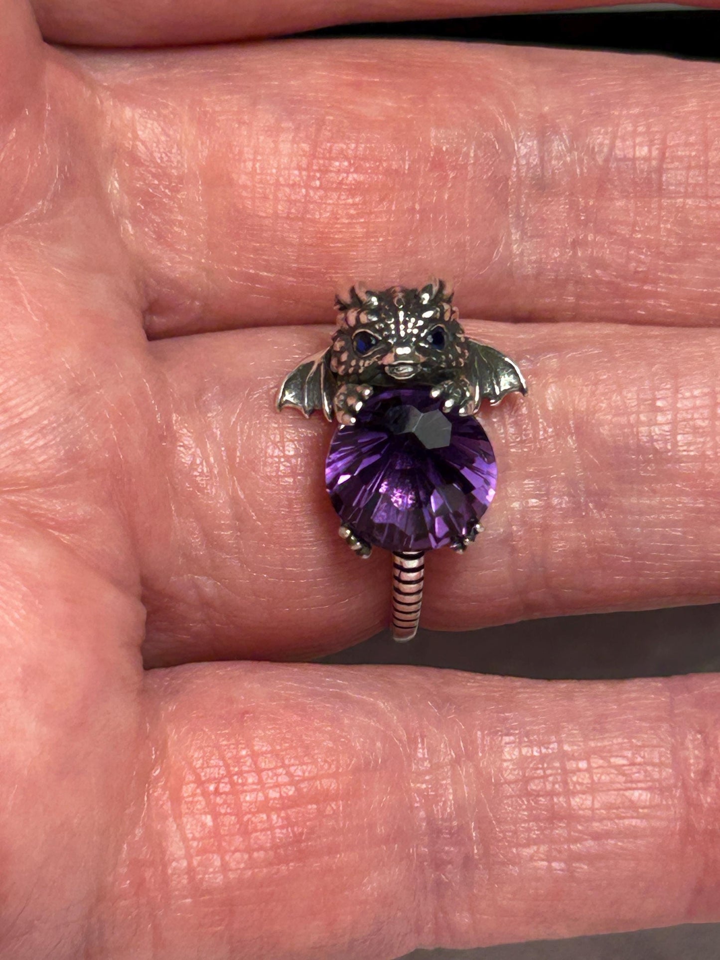 Baby Dragon Ring with Faceted Amethyst Gemstone • Adjustable • Gift Box