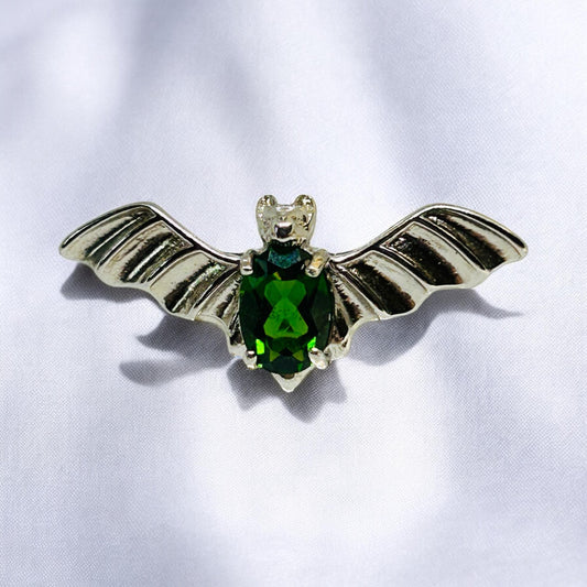 Sterling Silver Bat Ring: Faceted Diopside Gemstone, Adjustable Band