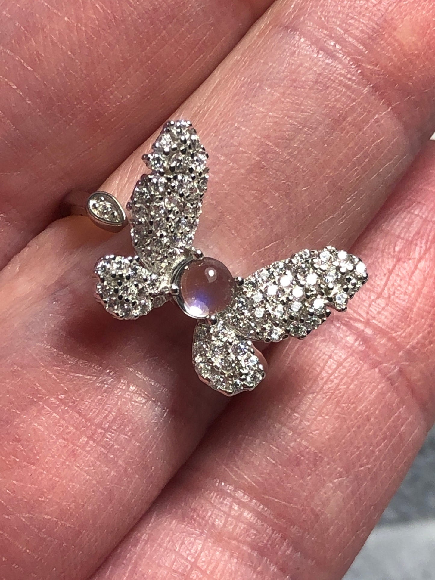 Butterfly Ring with Moonstone & CZ Gemstones • 925 Sterling Silver • Adjustable • Gift Box