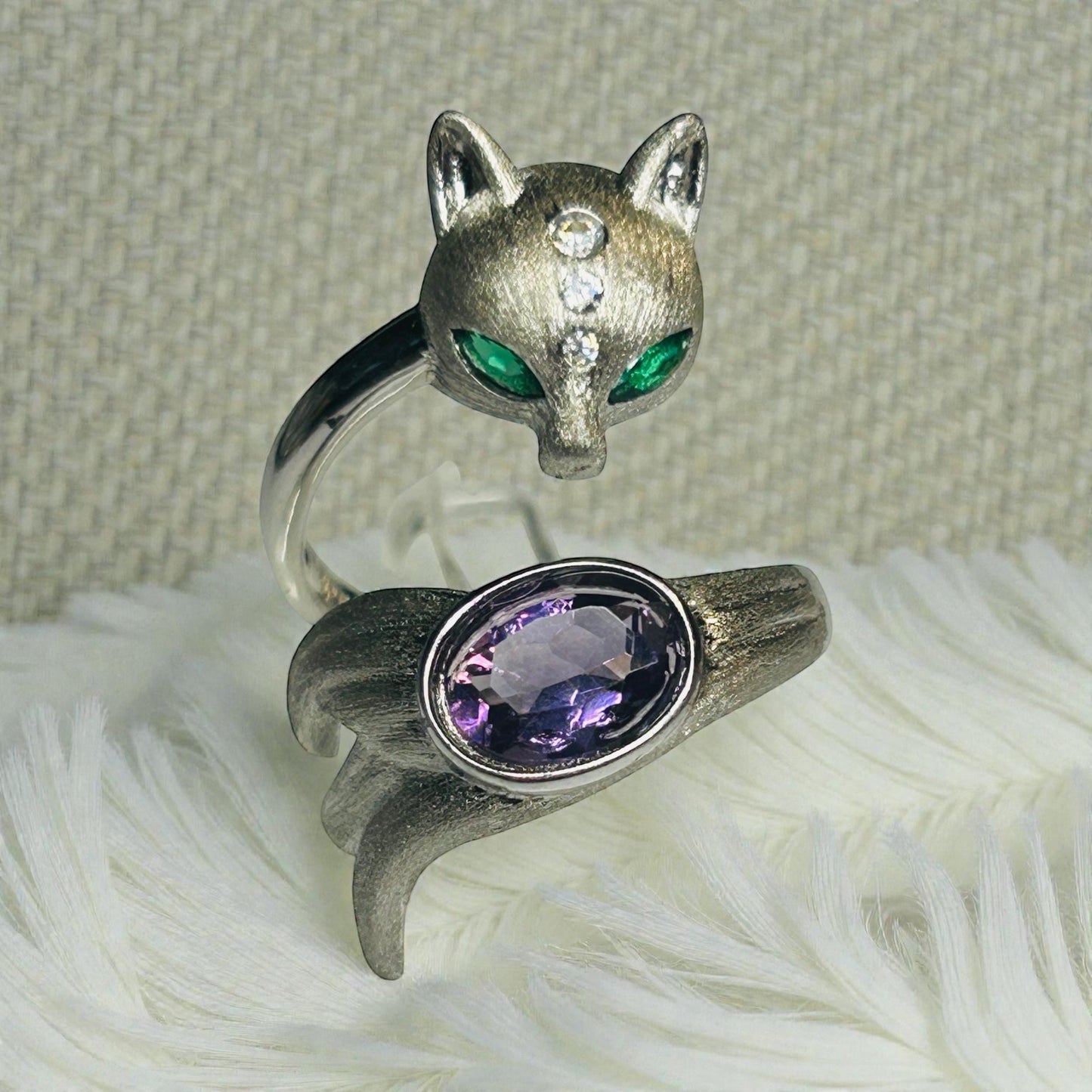 Fox Ring with Amethyst Gemstone • 925 Burnished Sterling Silver • Adjustable • with Gift Box