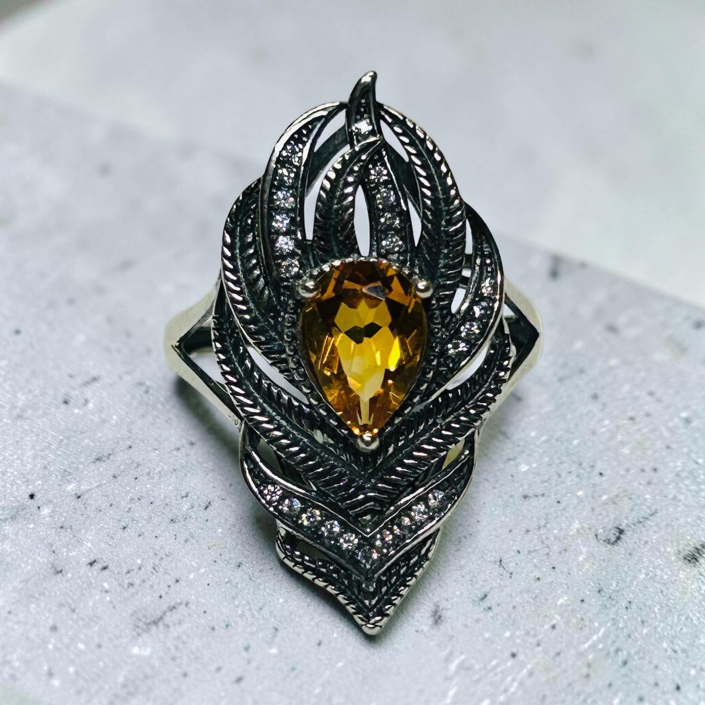 925 Silver Feather Ring • Peacock Feather with Citrine Gemstone • CZ Accents • Adjustable • Giftbox