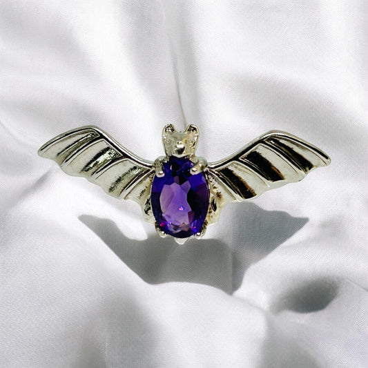 Sterling Silver Bat Ring: Faceted Amethyst, Adjustable Band