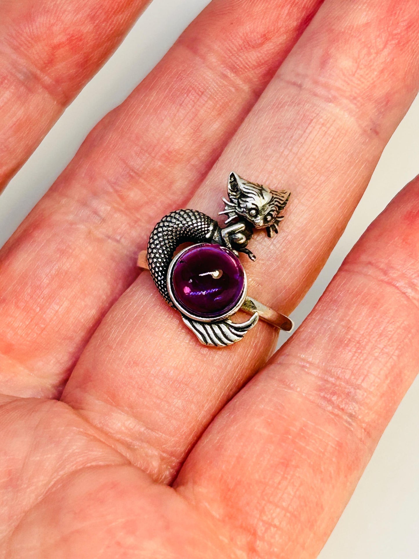 Mythical Naga Ring with Amethyst Gemstone • 925 Sterling Silver • Adjustable • Gift Box