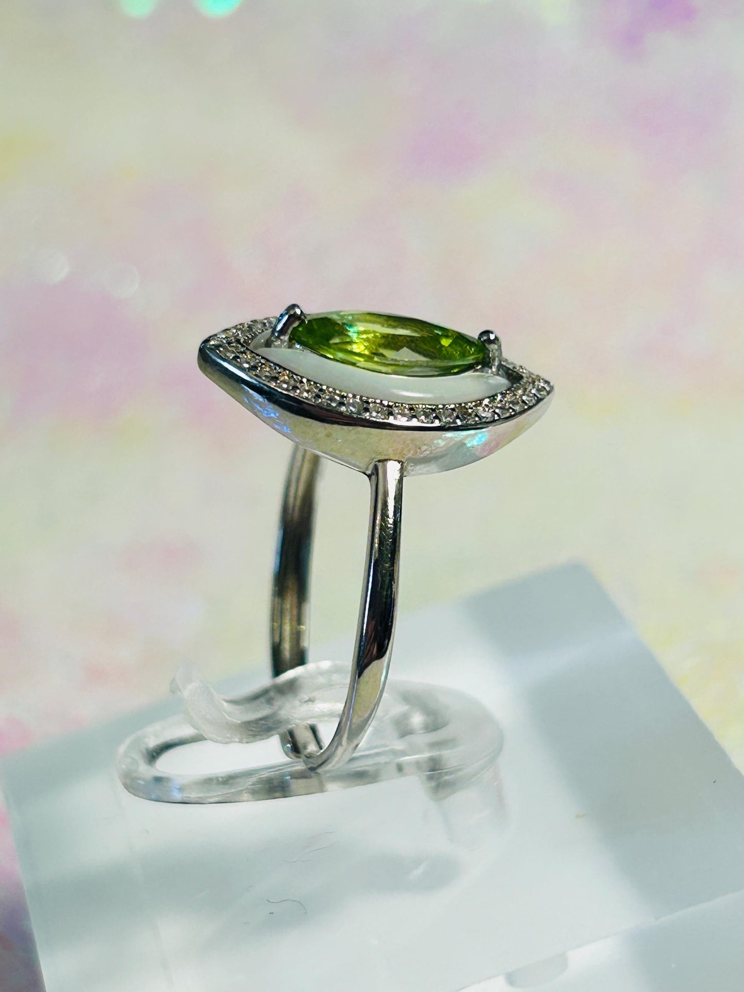 Marquise Ring with Peridot Gemstone, Shell & CZ Accents • 925 Sterling Silver • Adjustable • Gift Box