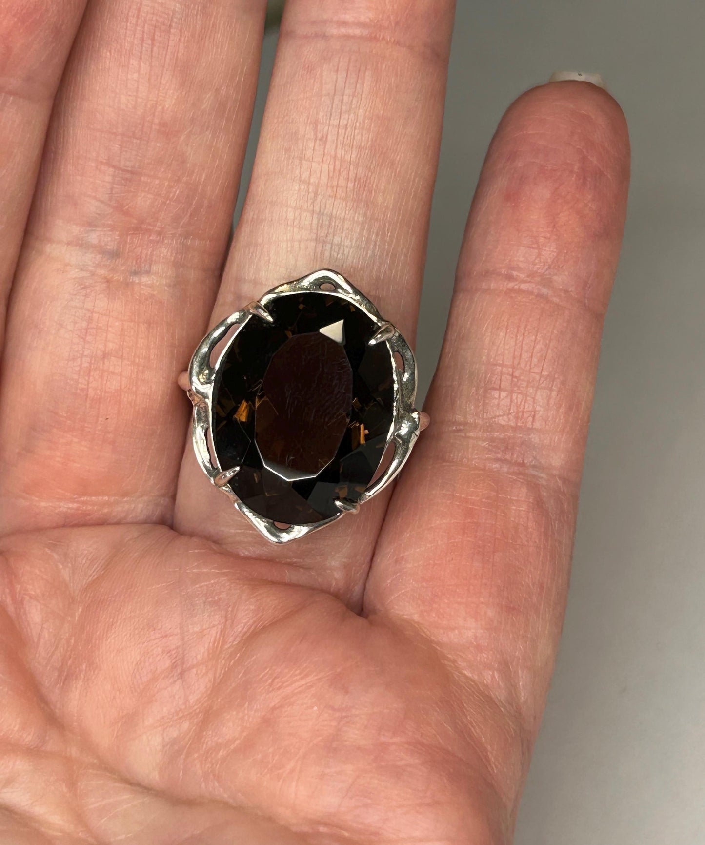 Smoky Quartz Ring • Large Faceted Oval • 925 Sterling Silver with Gift Box