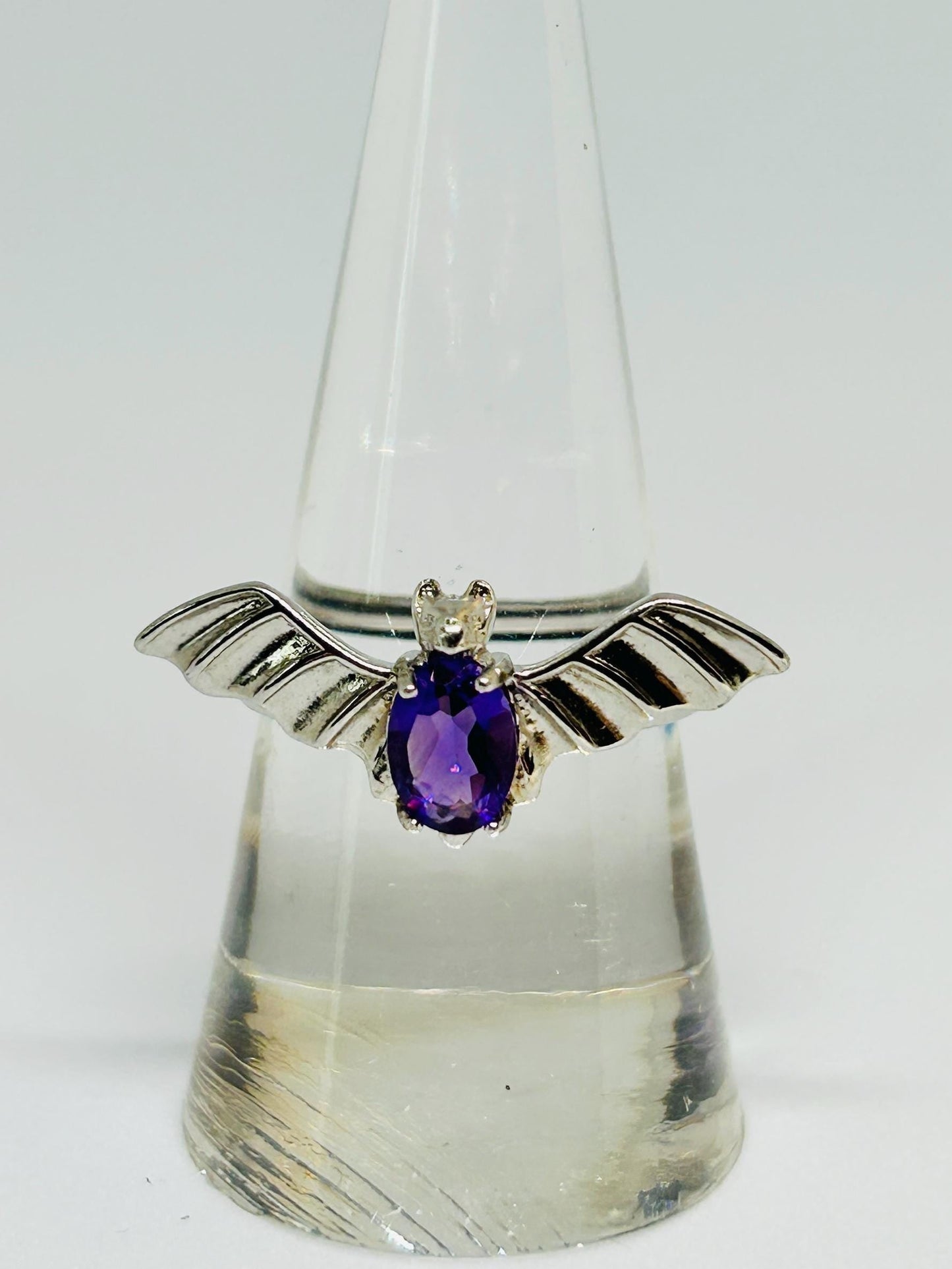 Gothic Bat Ring with Amethyst Gemstone • 925 Sterling Silver • Adjustable • Gift Box
