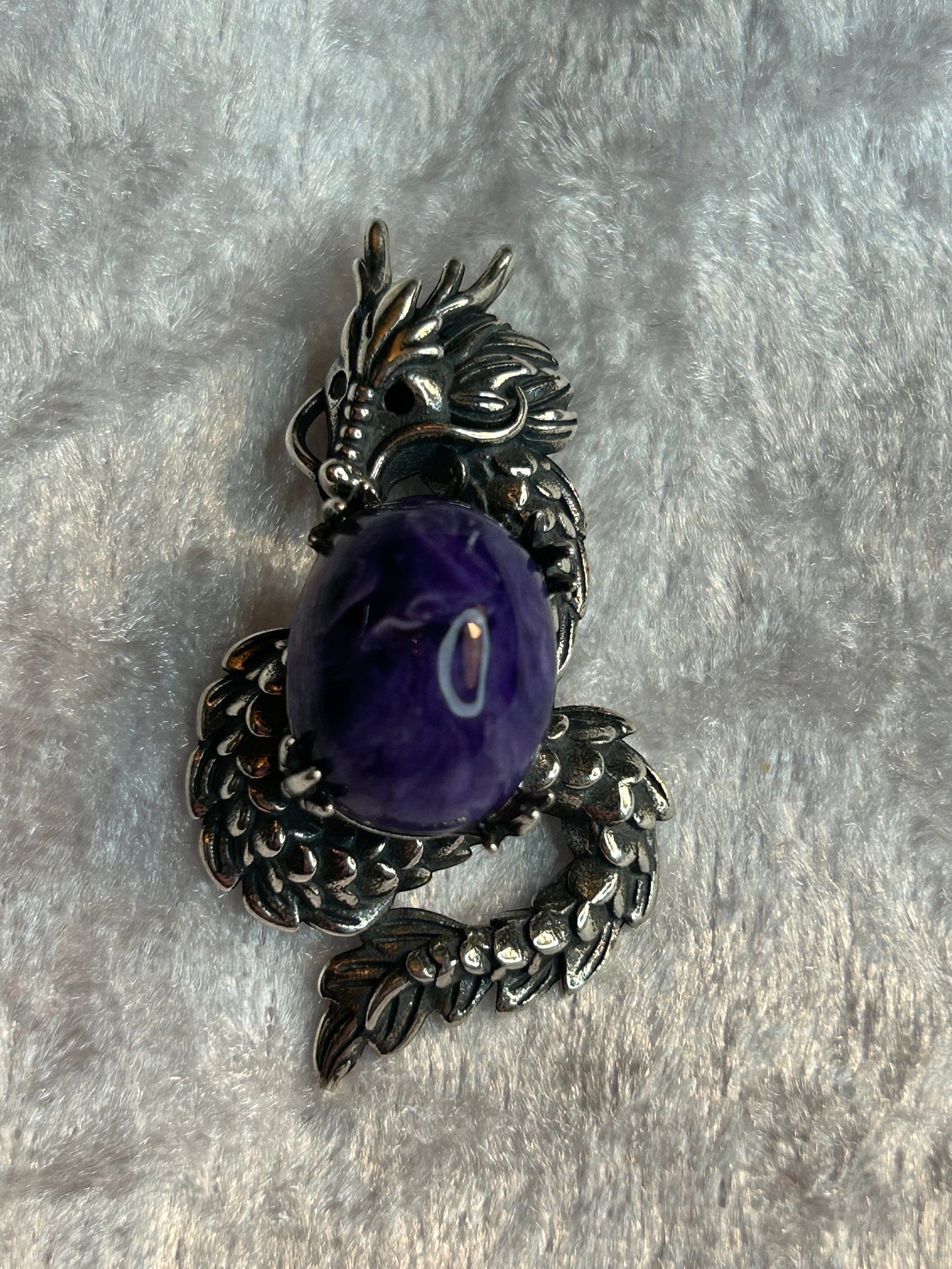 Dragon Pendant with Charoite Gemstone • 925 Sterling Silver • Gift Box