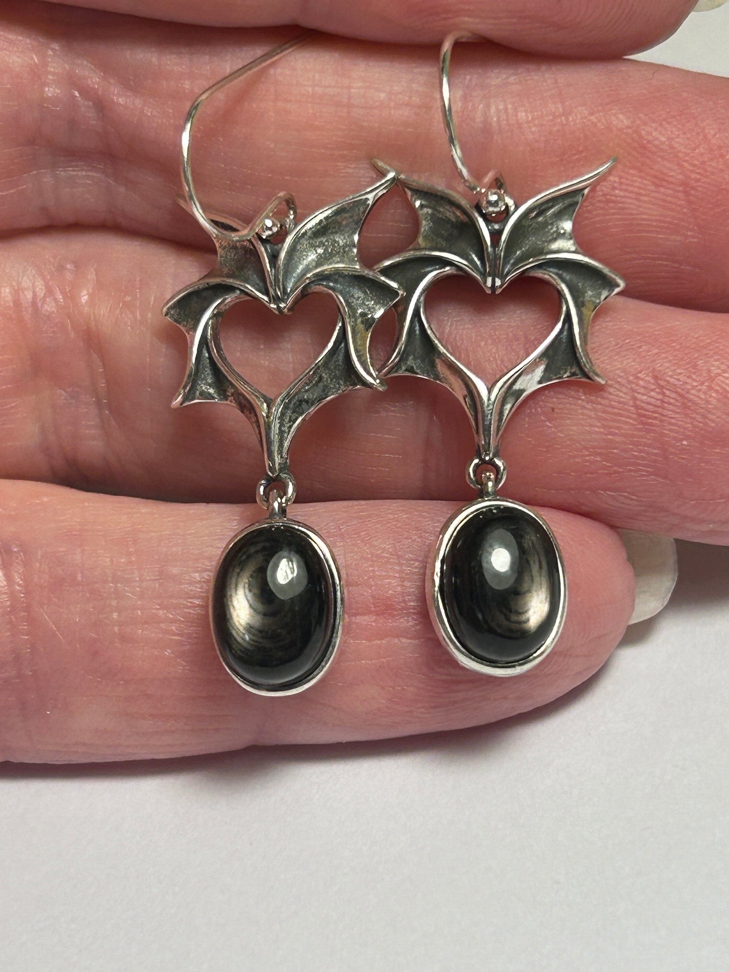 Gothic Bat Wing Dropper Earrings with Hypersthene Gemstone • 925 Sterling Silver • Gift Box