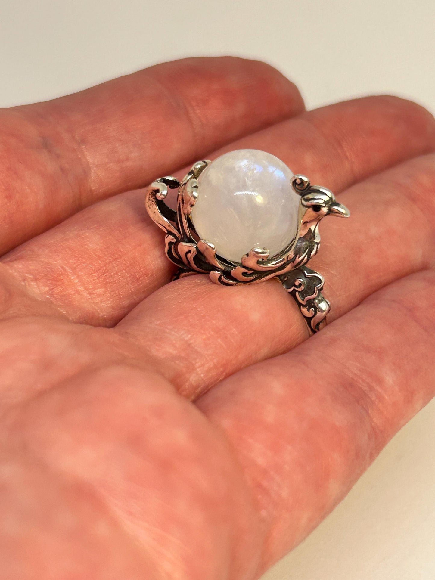 Large Phoenix Ring with Moonstone Sphere Gemstone • 925 Sterling Silver • Adjustable • Gift Box