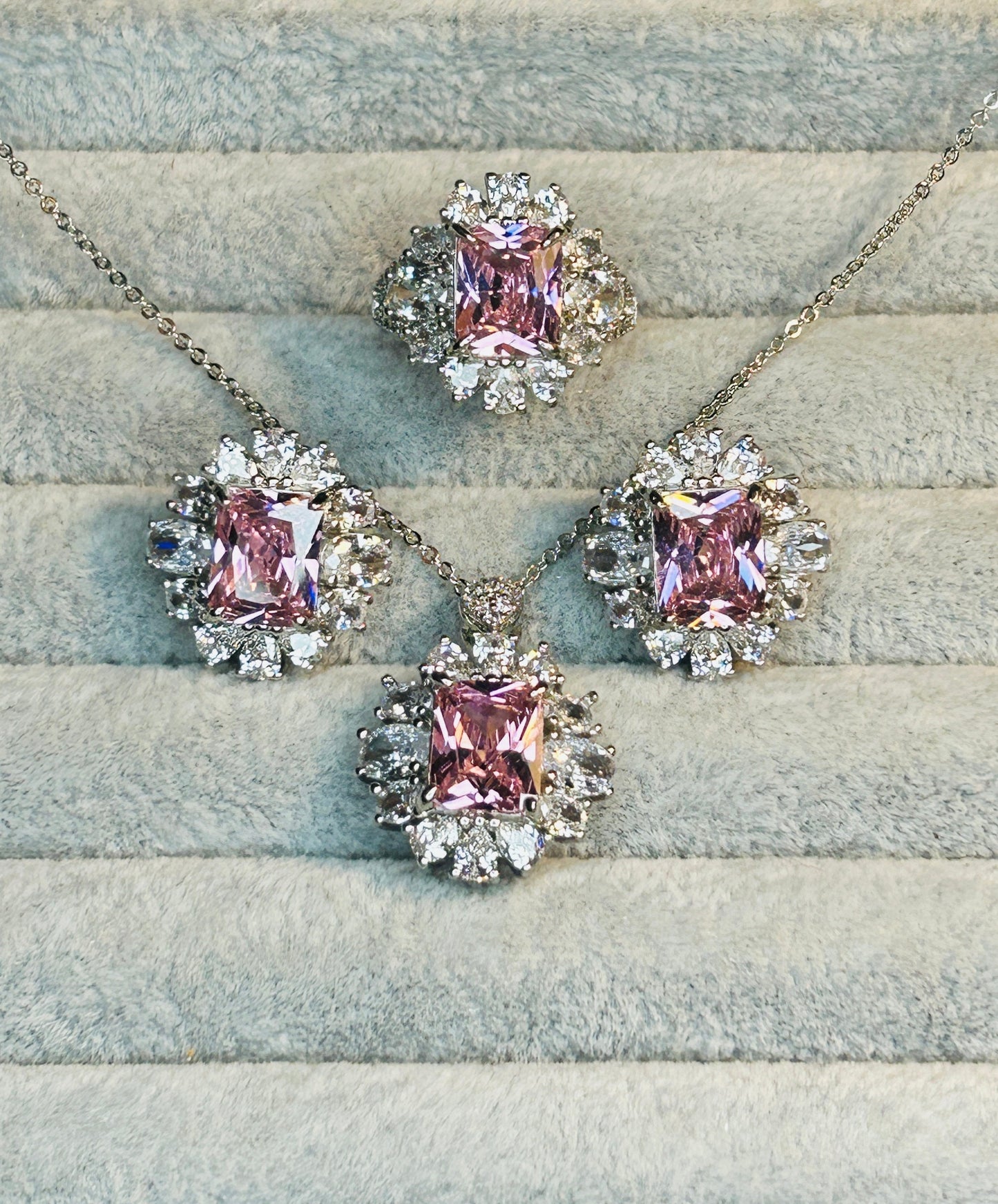 Pink CZ Crystal Jewelry Set: Platinum Plated Necklace, Ring & Earrings