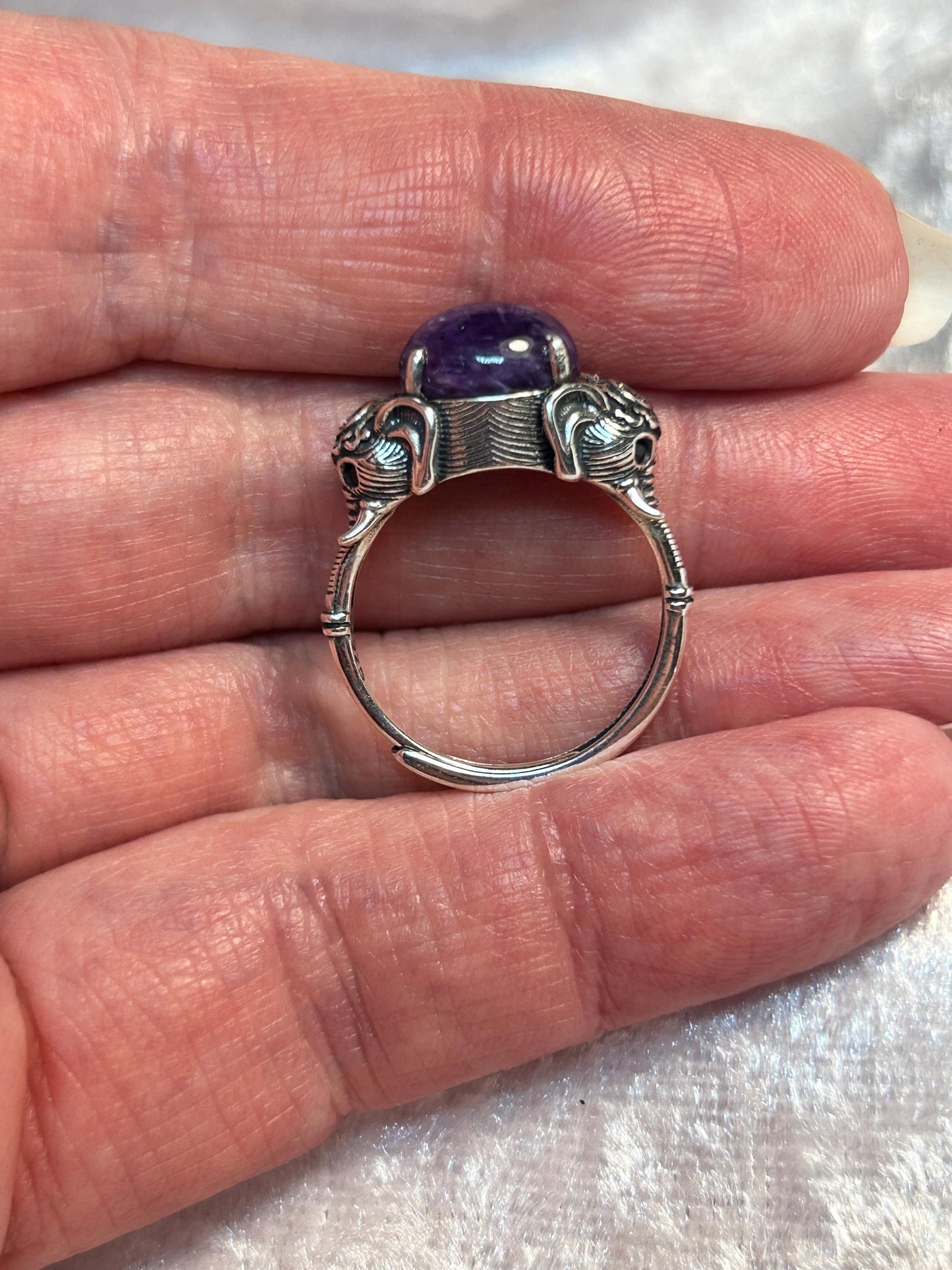 Elephant Ring with Charoite Gemstone • 925 Sterling Silver • Adjustable • Gift Box