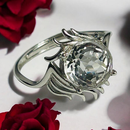 Sterling Silver Clear Quartz Ring With Lash Design - 925 - Adjustable - Gift Boxed