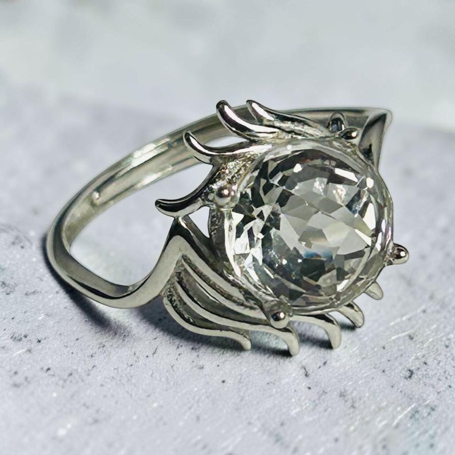 Faceted Clear Quartz Ring • 925 Sterling Silver • Adjustable • Gift box