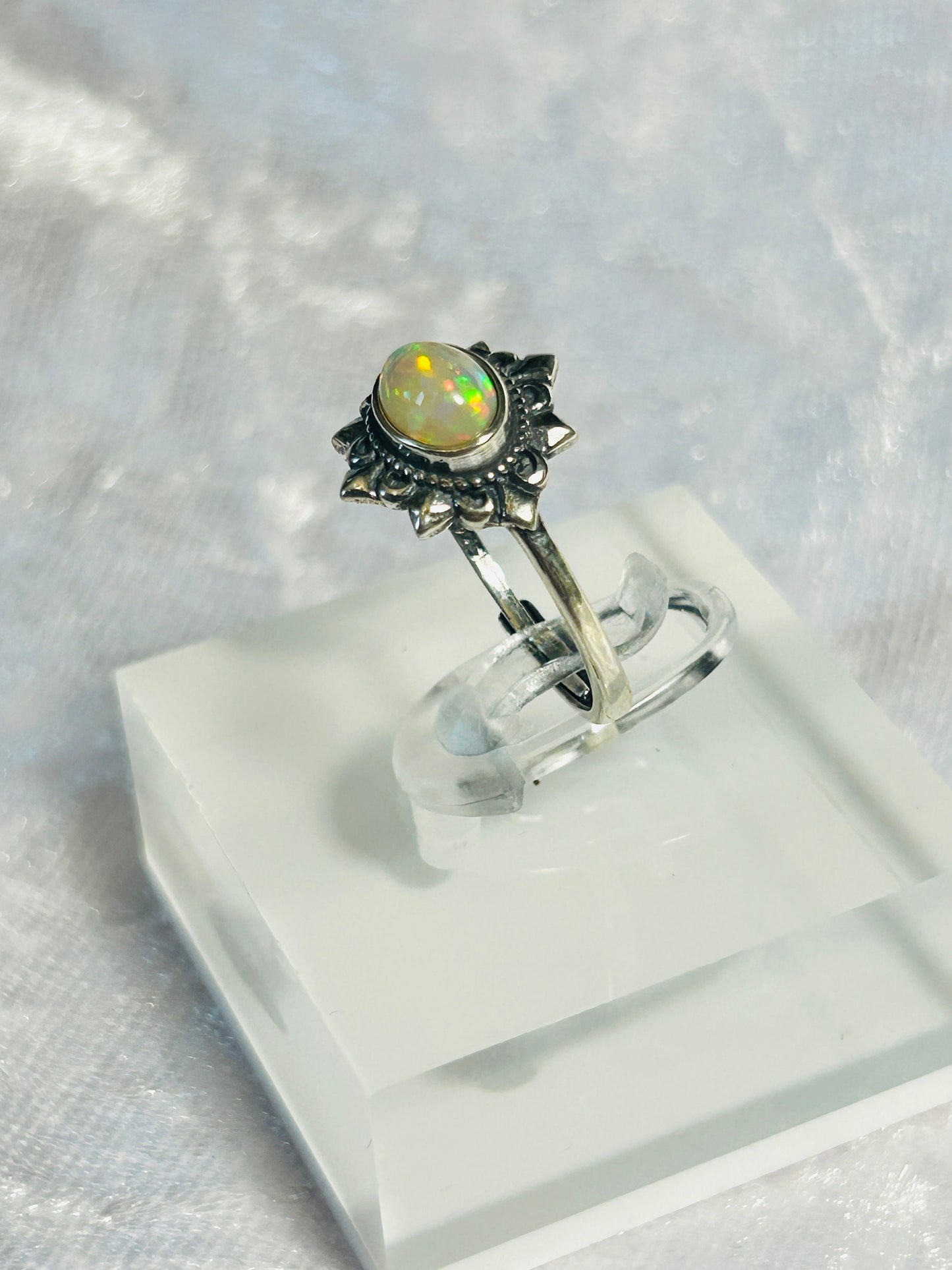 925 Silver Ring With Rainbow Opal Gemstone - Adjustable Ring - Supplied In Gift Box