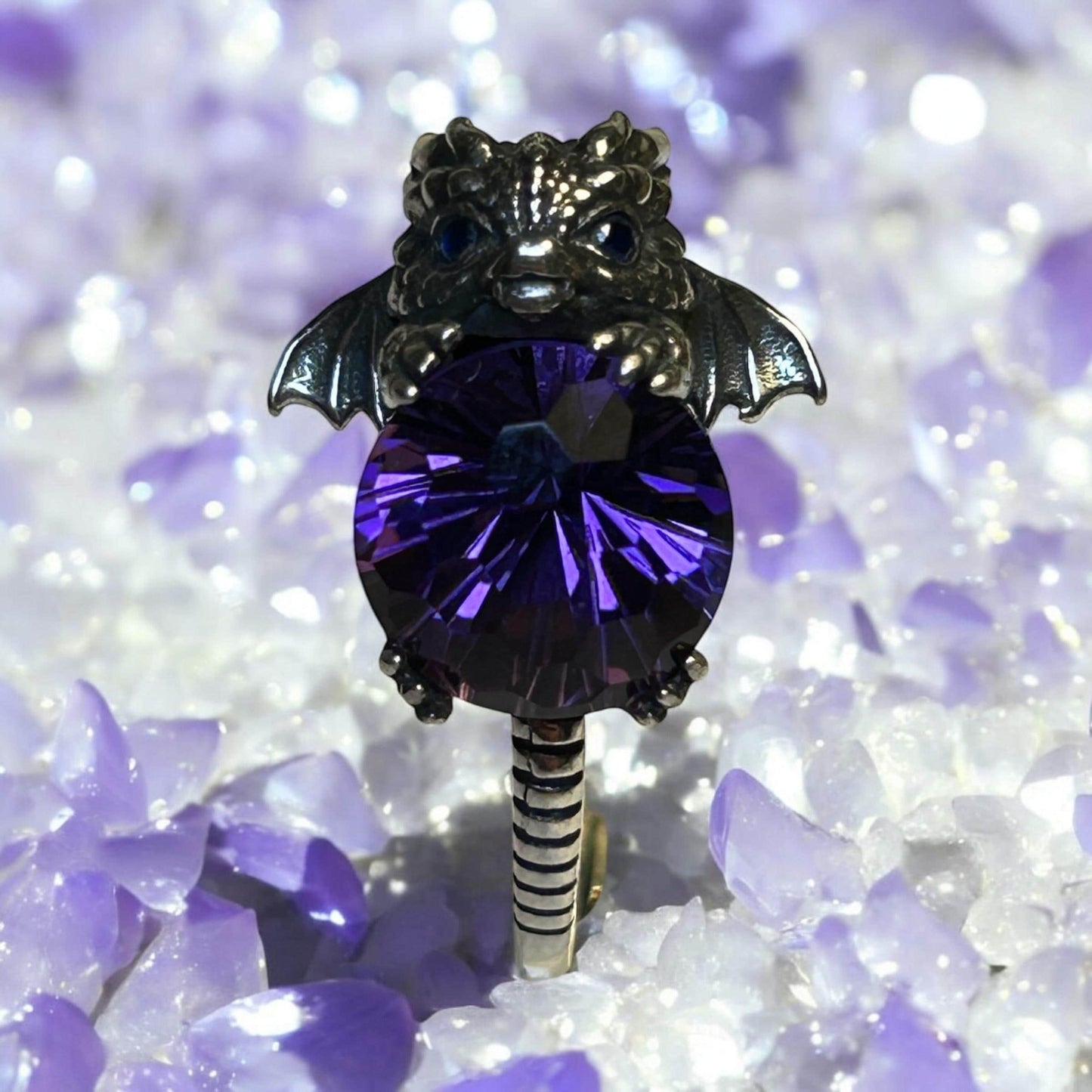 Amethyst Baby Dragon Ring: Sterling Silver Gemstone, Adjustable Band