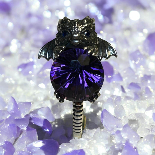 Amethyst Baby Dragon Ring: Sterling Silver Gemstone, Adjustable Band
