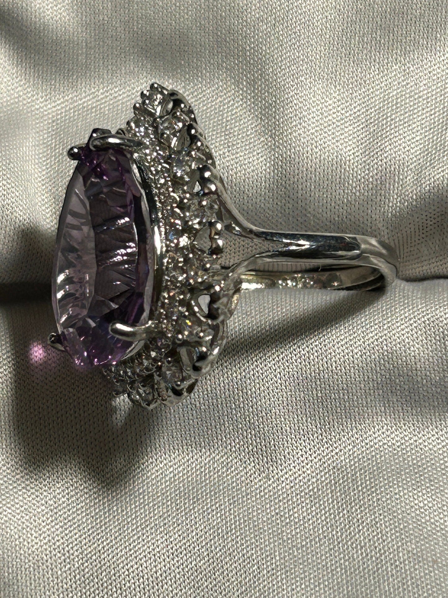 Huge Amethyst Teardrop Ring with CZ Accents • 925 Sterling Silver • Adjustable • Gift Box