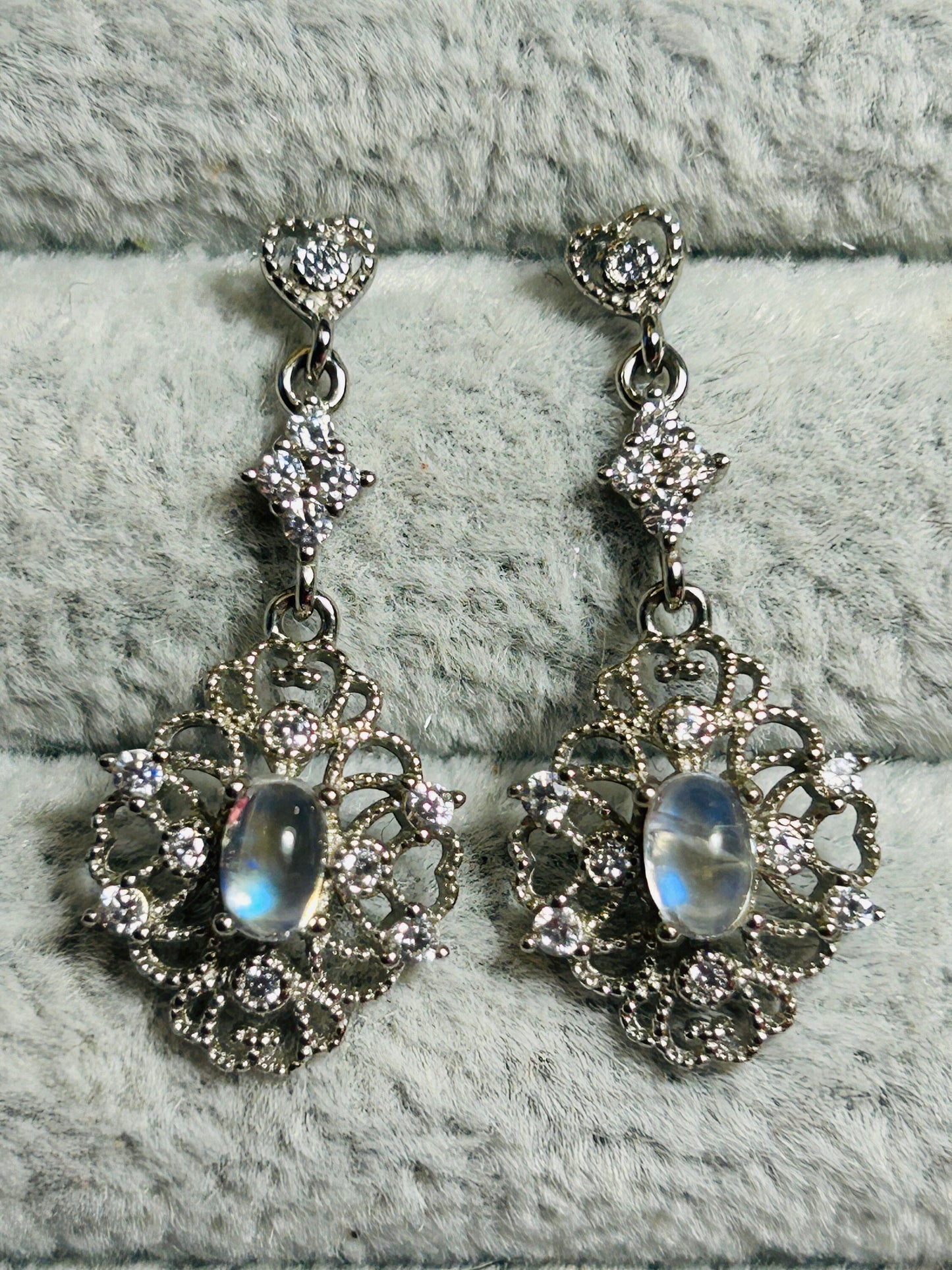 Ornate Dangle Earrings with Moonstone Gemstones • 925 Sterling Silver • Gift Box