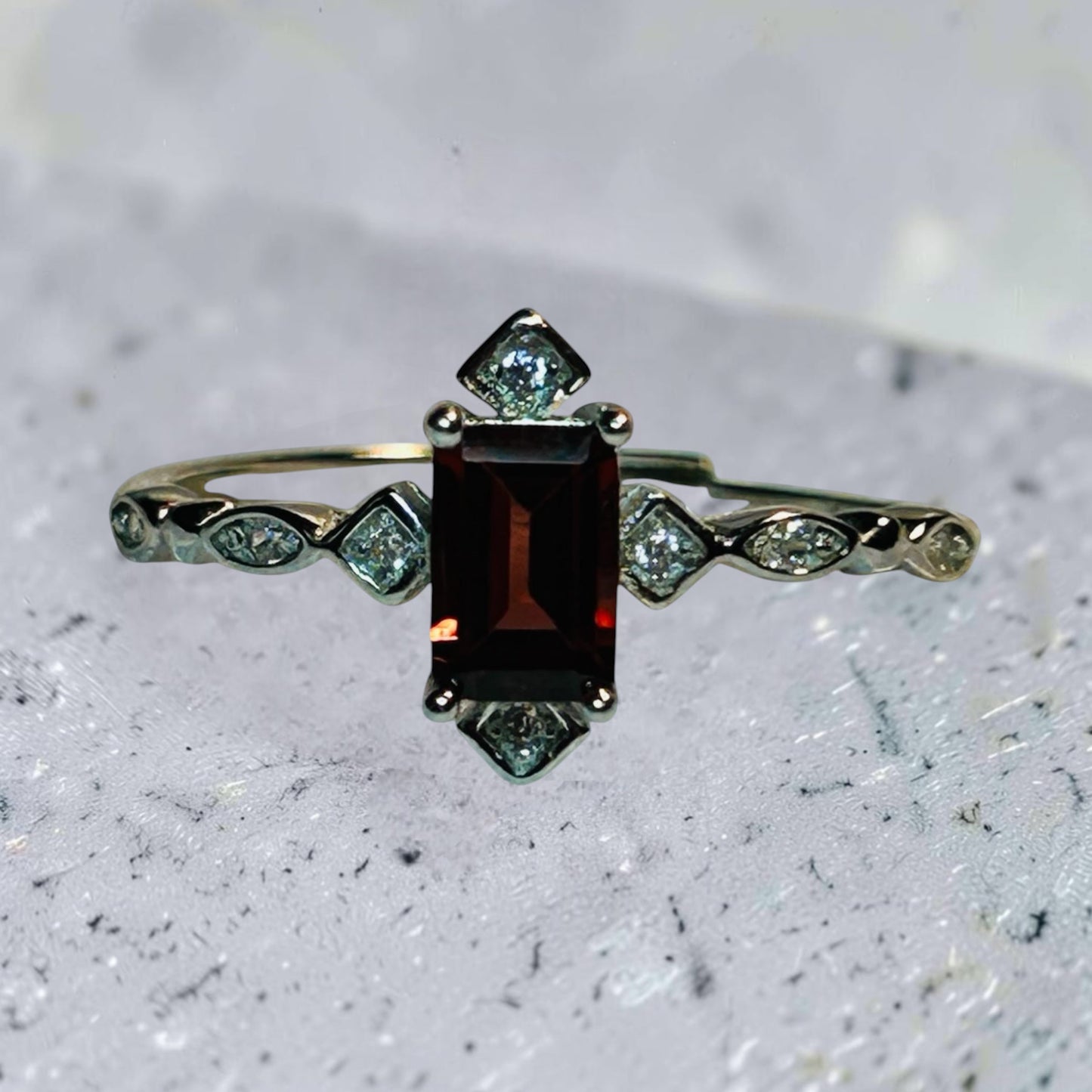 Ornate Garnet Ring with CZ Accents • 925 Sterling Silver • Adjustable • Gift Box