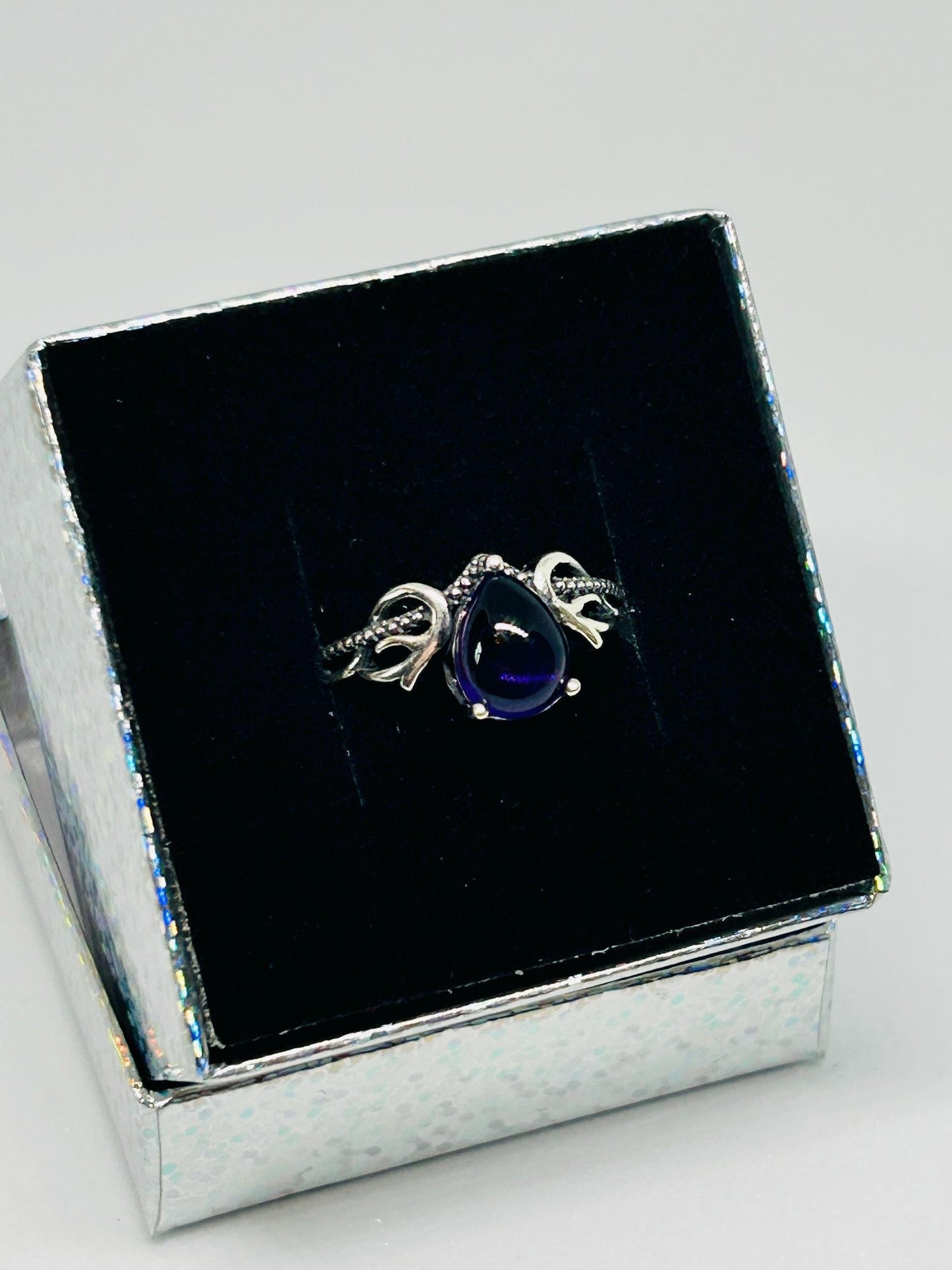 Dainty Crystal Ring with Teardrop Amethyst Gemstone • 925 Sterling Silver • Adjustable • Gift Box