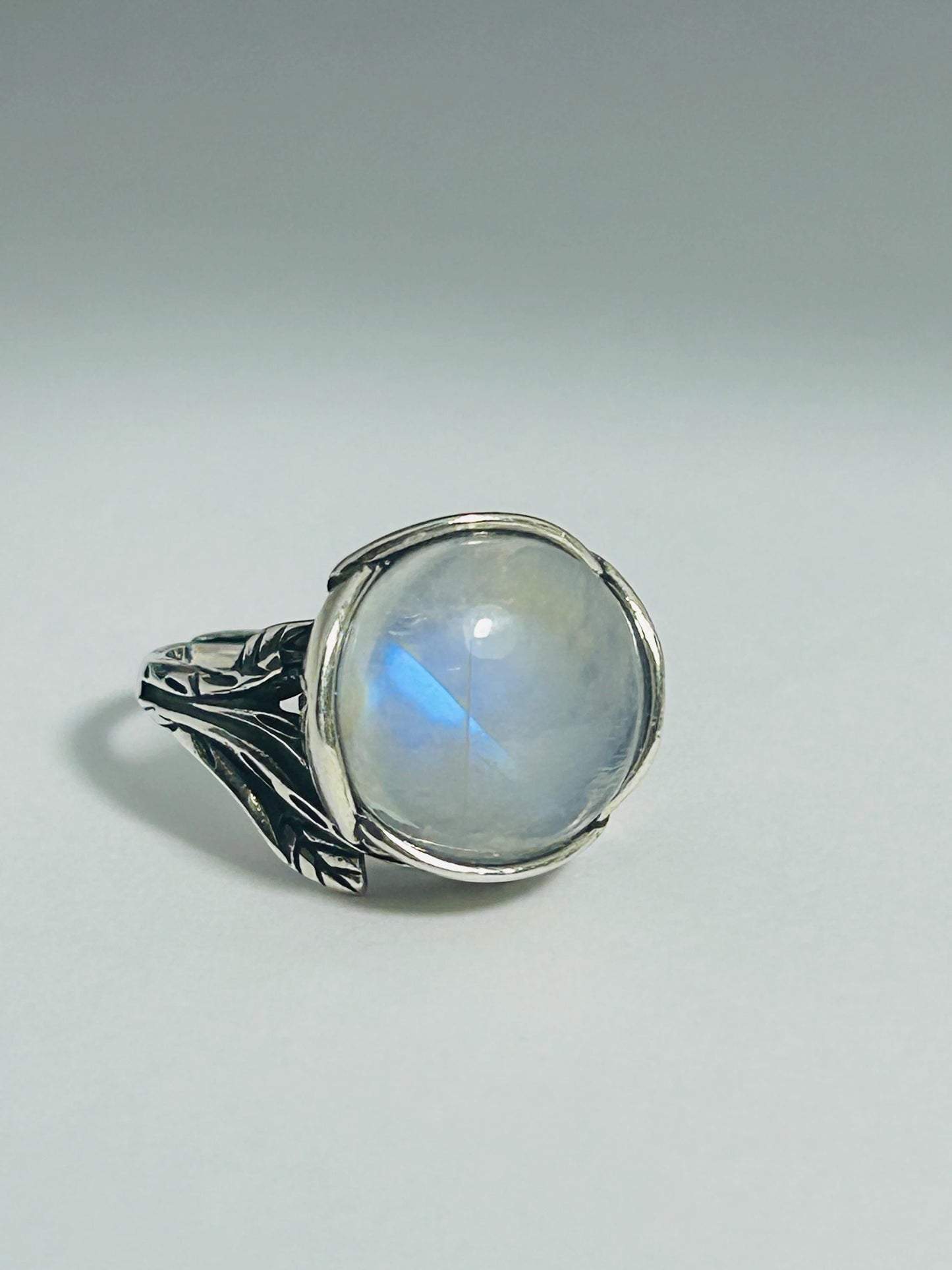 Large Moonstone Ring with Floral Theme • 925 Sterling Silver • Adjustable • Gift box