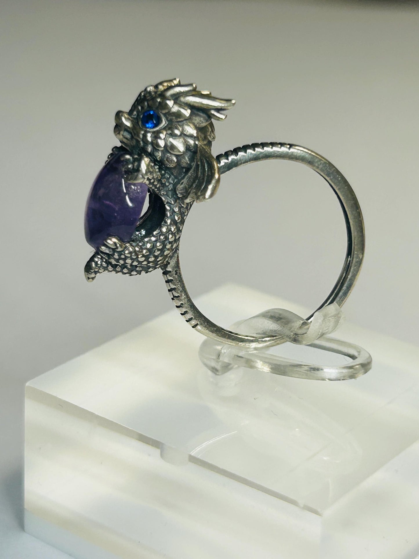 925 Silver Amethyst Ring • Baby Dragon Design • Adjustable • Giftbox