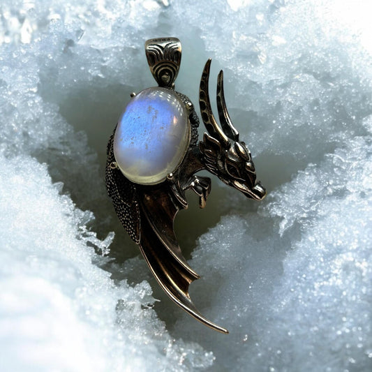 Moonstone Dragon Pendant - 925 Sterling Silver - Blue Flashy Gemstone - Gift Boxed