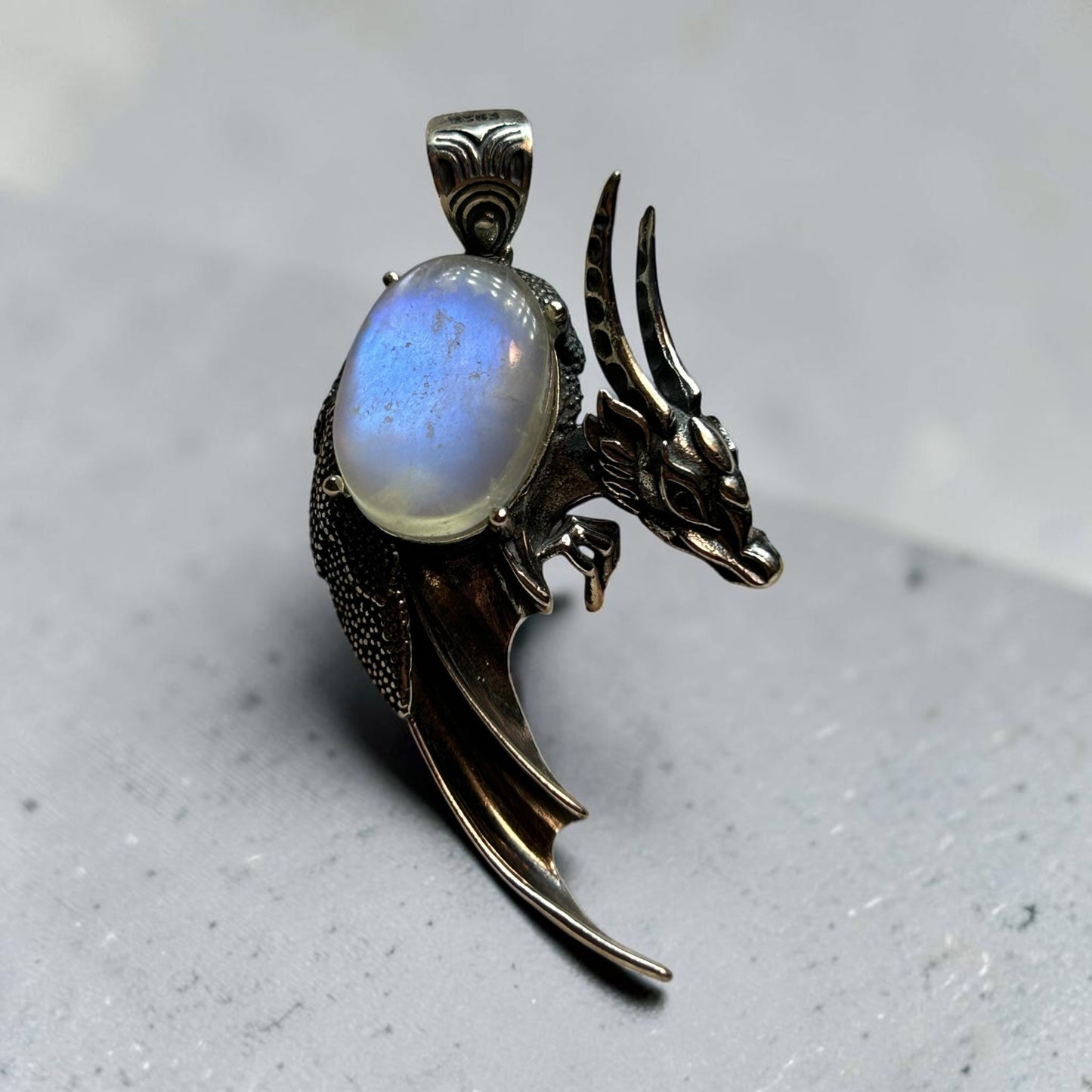 Large Dragon Pendant with Rainbow Moonstone Gemstone • 925 Sterling Silver • Gift Box
