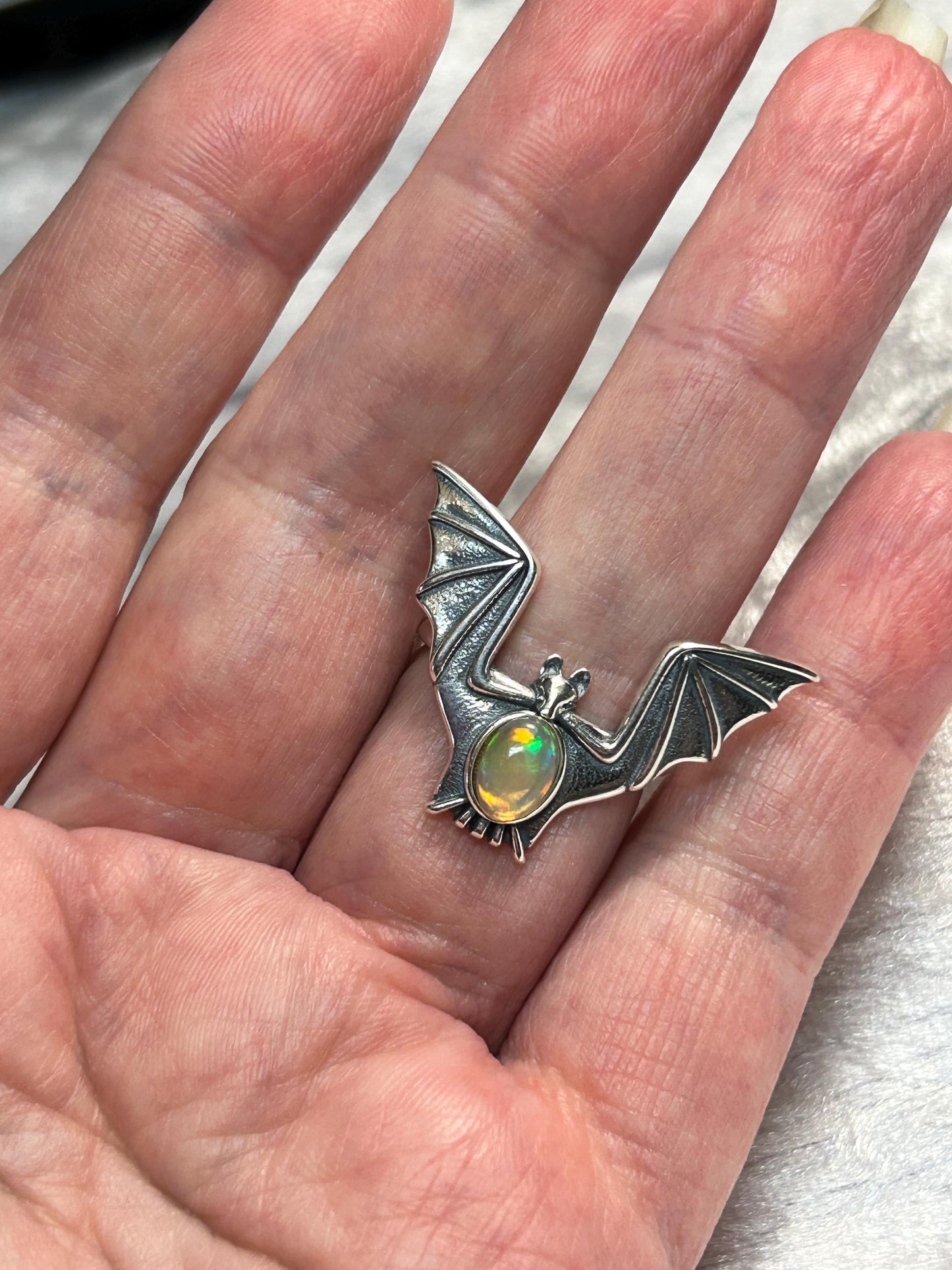 925 Silver Bat Ring: Rainbow Opal Gemstone, Adjustable