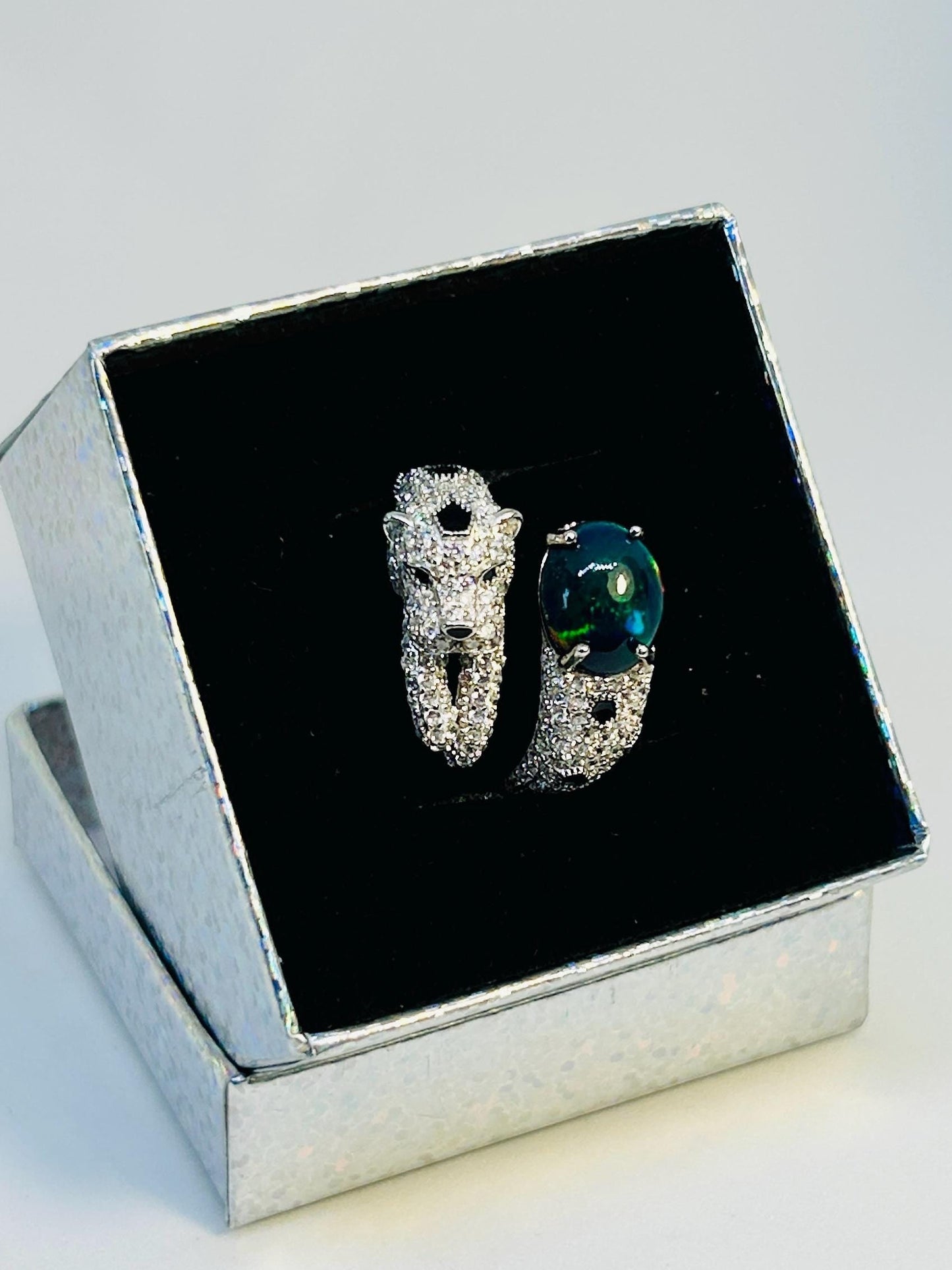 Crystal Encrusted Leopard Ring with Black Opal Gemstone • 925 Sterling Silver • Adjustable • Gift Box