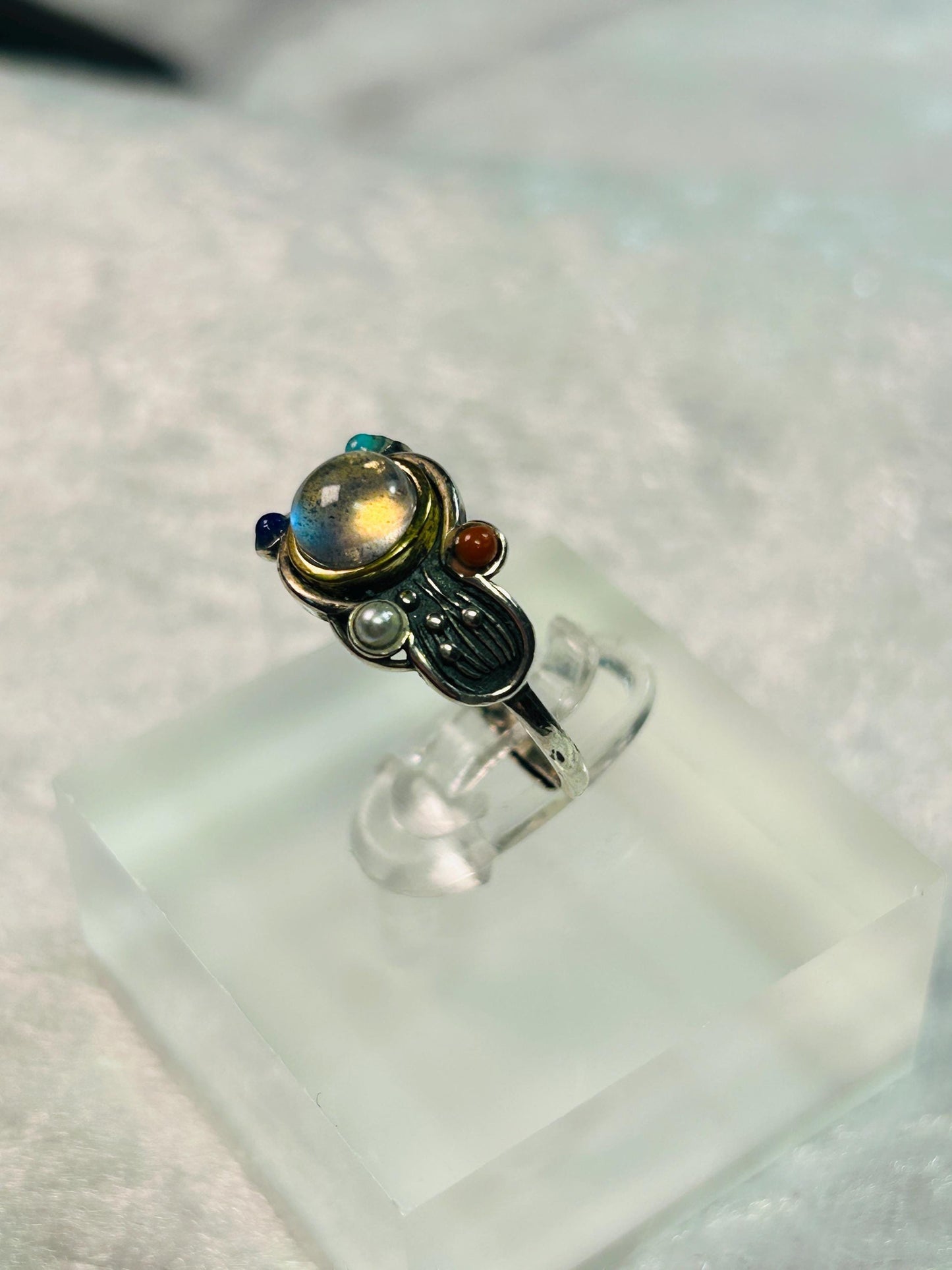 Multi Gemstone Ring with Labradorite, Pearl, Lapis & Coral • 925 Sterling Silver • Adjustable • Gift Box