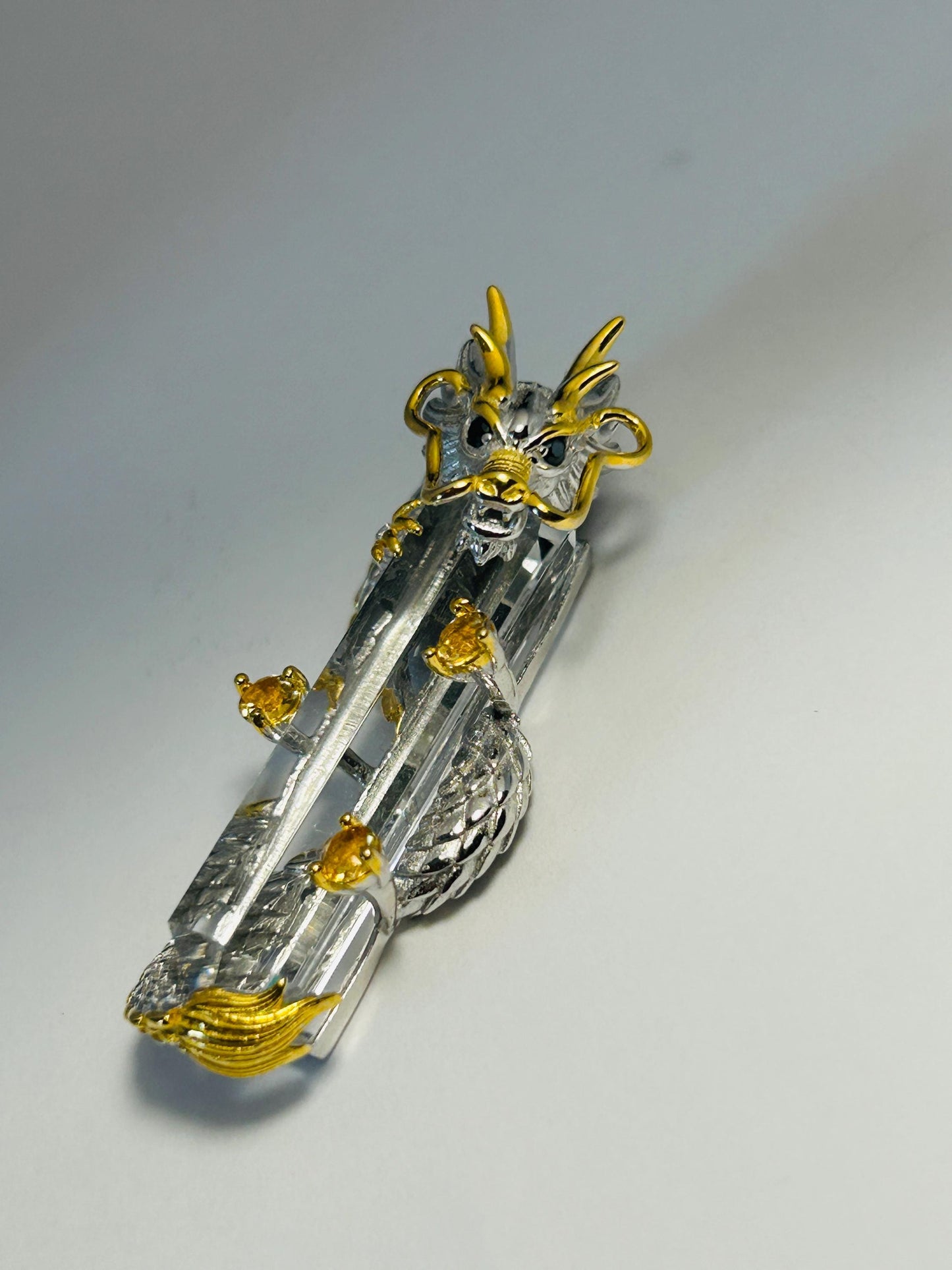 Sterling Silver Dragon Pendant Wrapped Around Clear Quartz Crystal Point - 925 - Gift Boxed