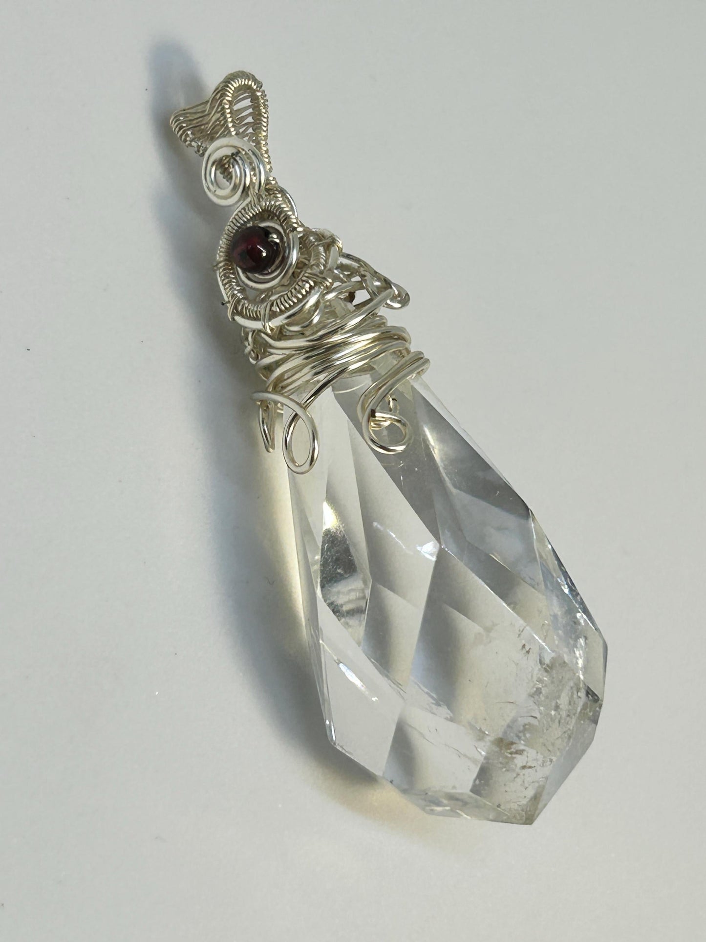 Faceted Clear Quartz Pendant with Garnet Bead • Wire Wrapped Teardrop • Gift Bag