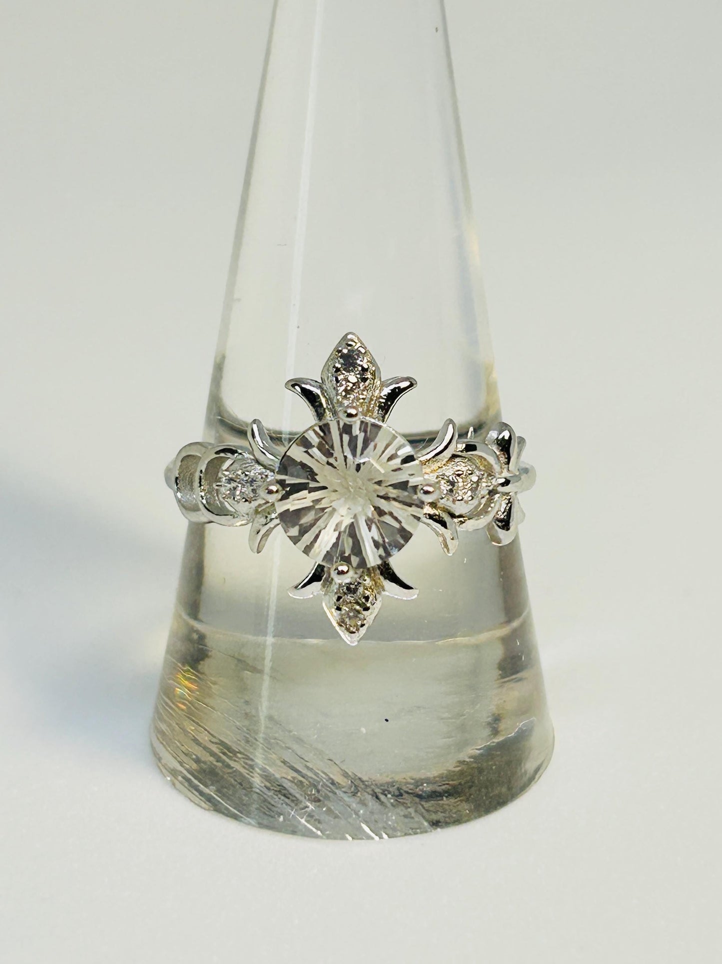 Fleur De Lys Ring with Clear Quartz Gemstone & CZ Accents • 925 Sterling Silver • Adjustable • Gift Box